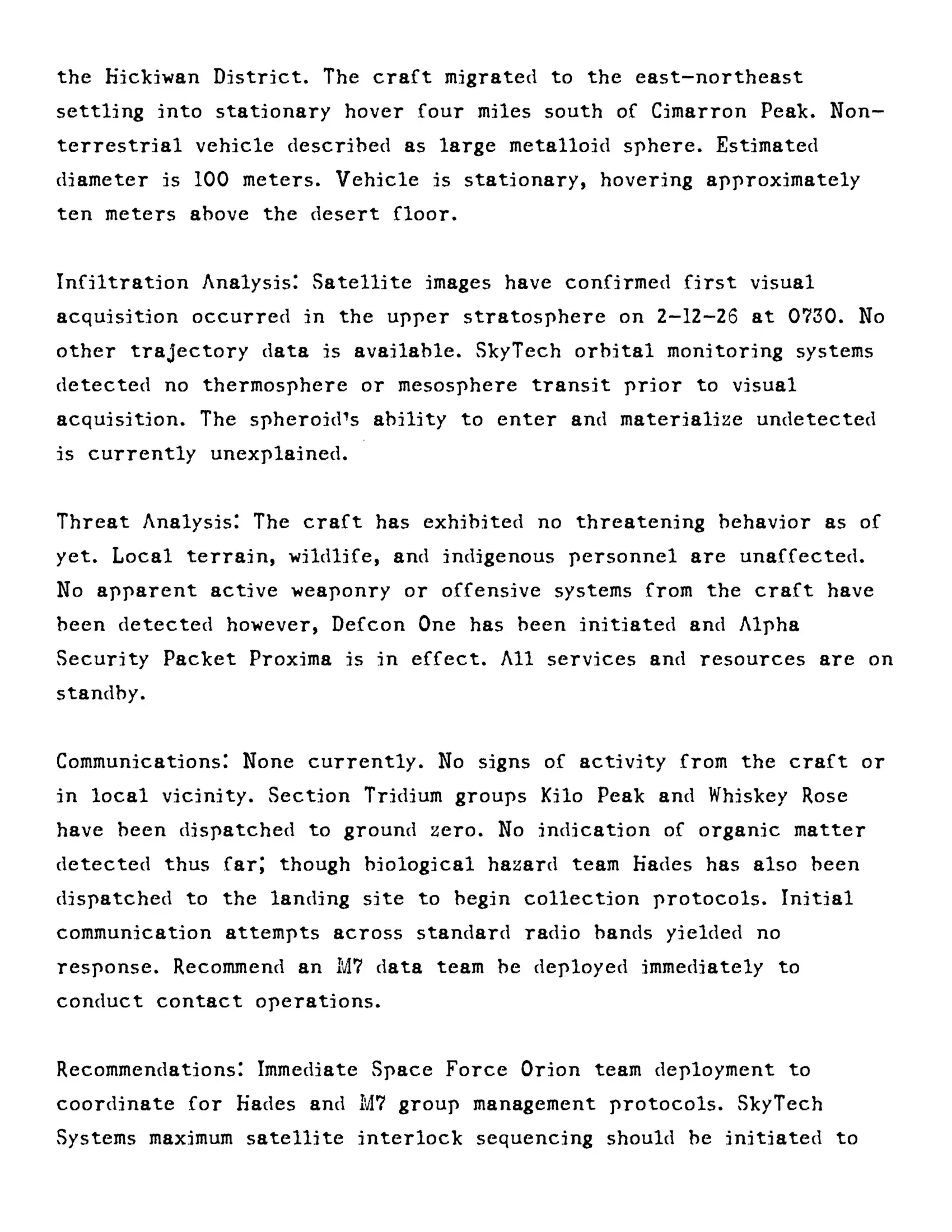 A page of typewritten text related to space exploration, satellite analysis, threat assessment, and military deployment protocols.