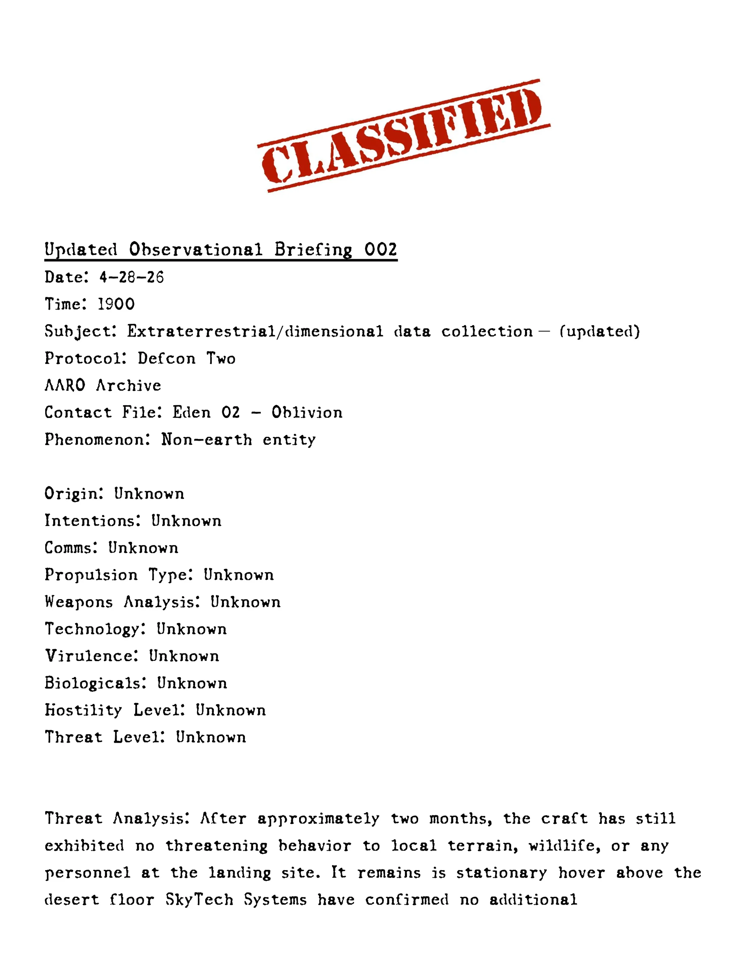 Operation brief for alien entity Raging Eden.