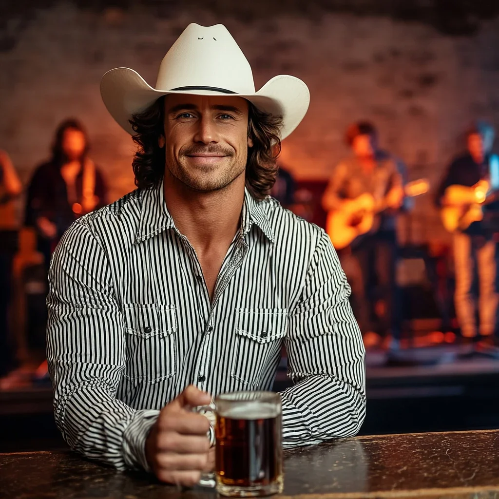 Country music artist Sean Daniels having a beer at a bar while listening to a band play music