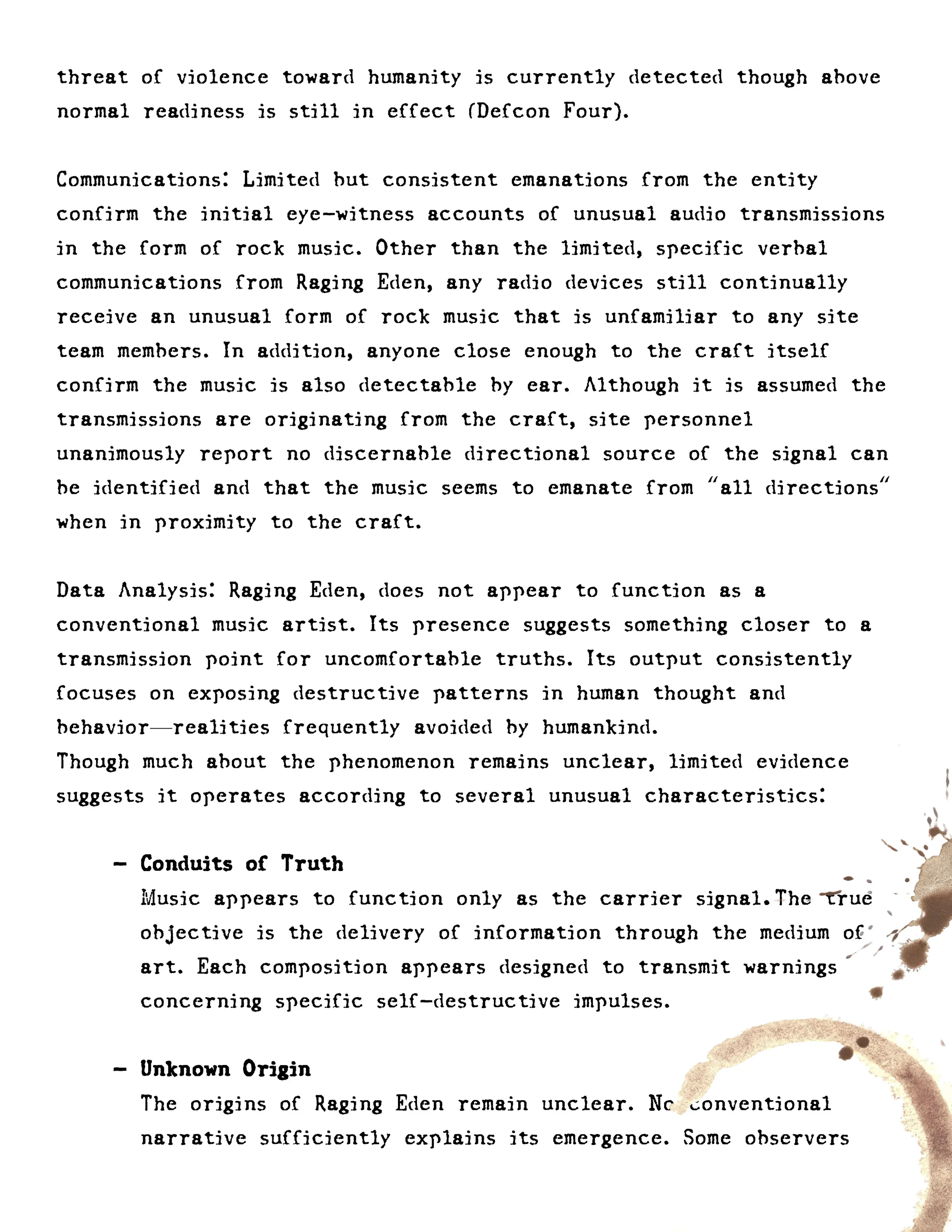 A typewritten document brief about the entity Raging Eden reveling itself to  humanity.