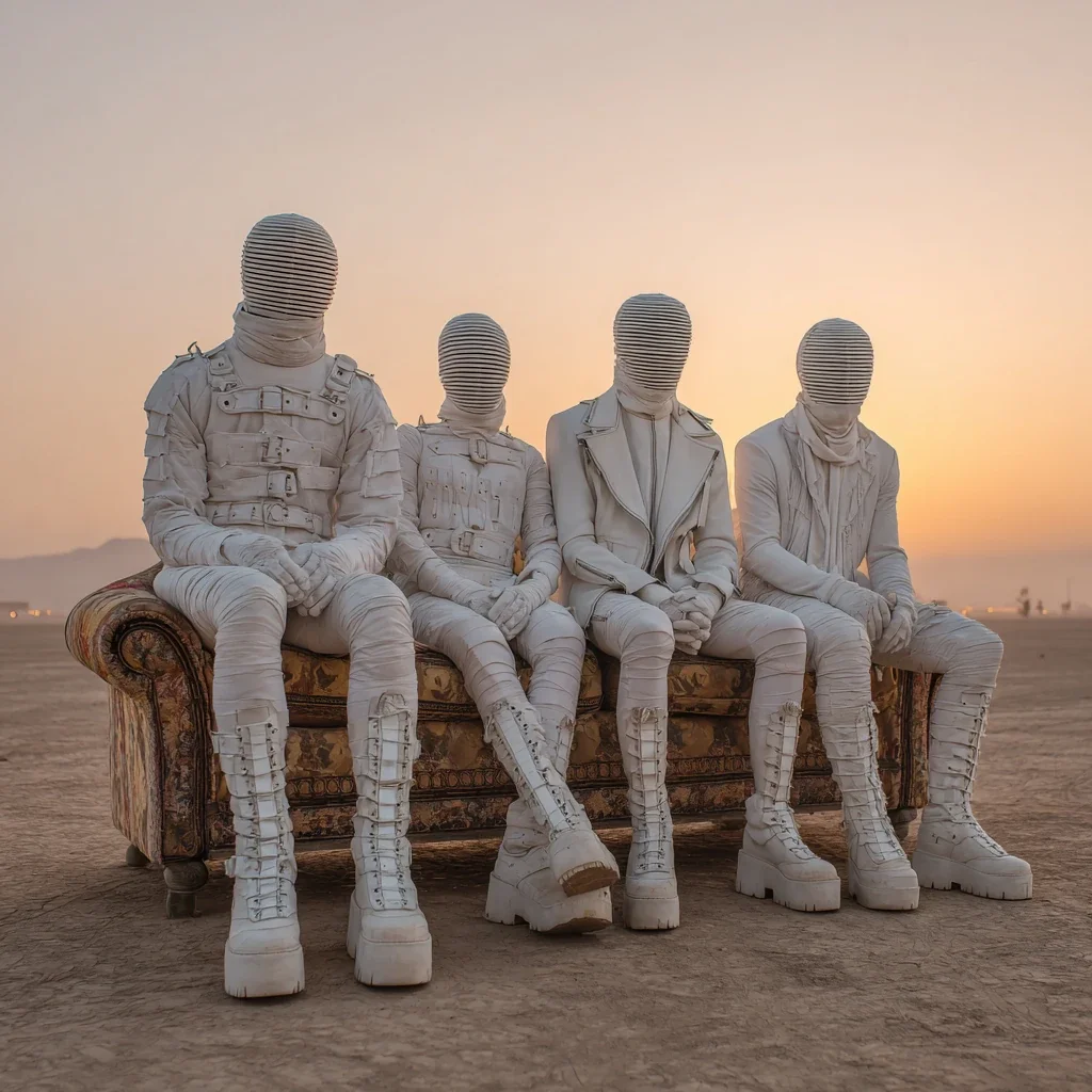 Alternative/progressive rock band Raging Eden sitting on a couch in the desert