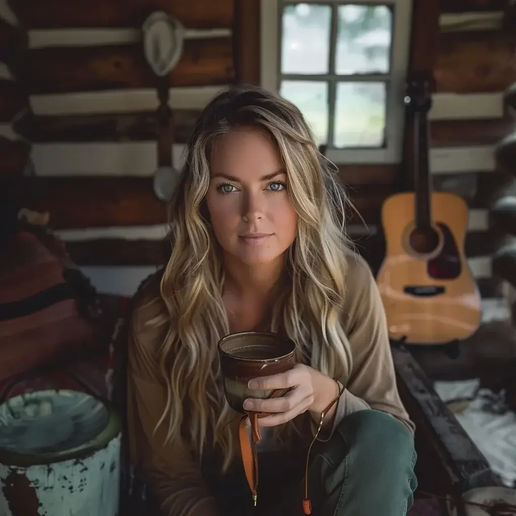 Lacey René' sipping coffee in a log cabin with an acoustic guitar in the background.