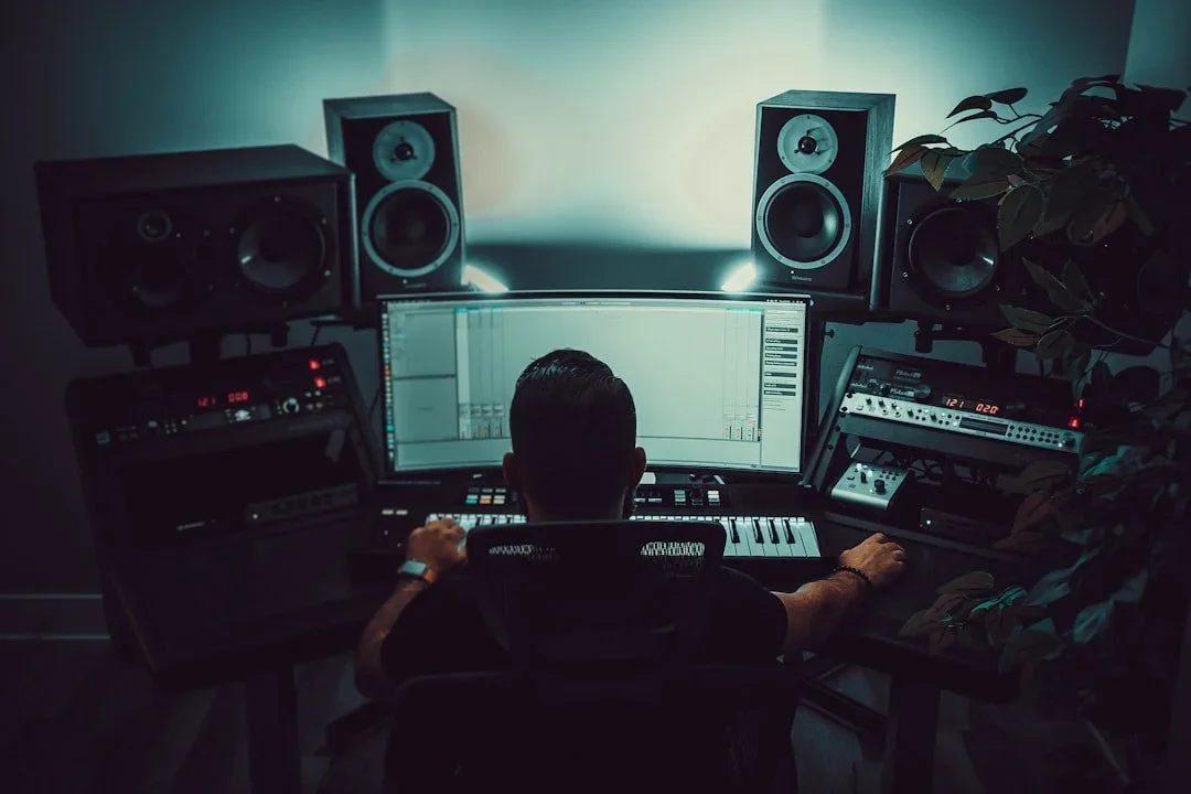 Audio engineer mixng and mastering music in a studio