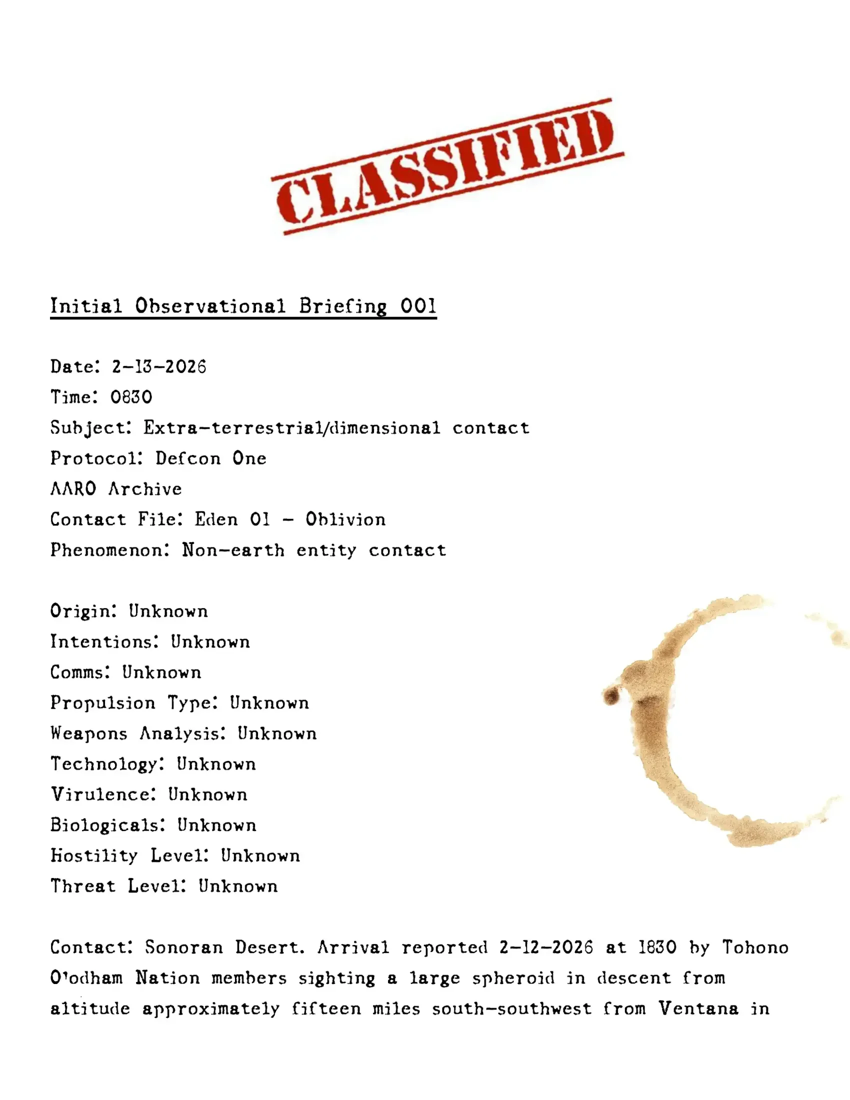 Military-Joint Chiefs of Staff operational brief on the entity Rageing Eden arriving on Earth.