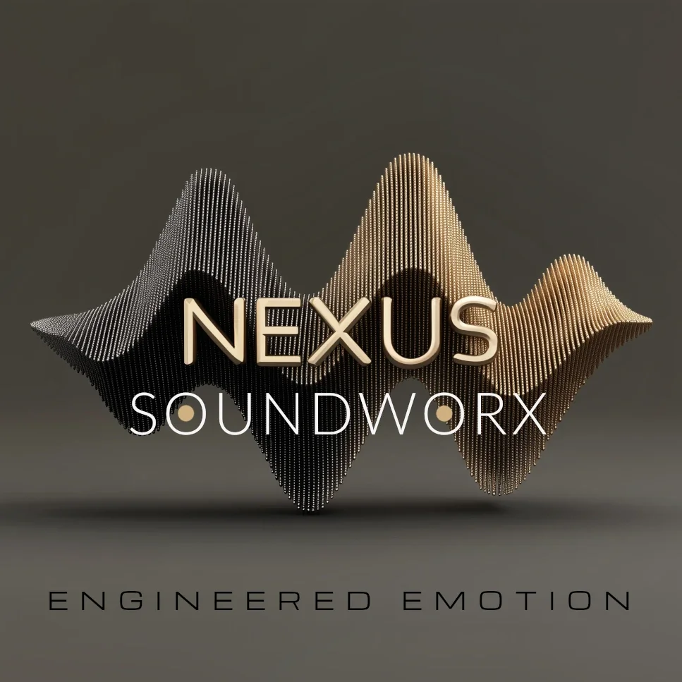 3D graphic with a waves pattern in black and gold, with the text 'NEXUS SOUNDWORX' in the center and 'ENGINEERED EMOTION' at the bottom.