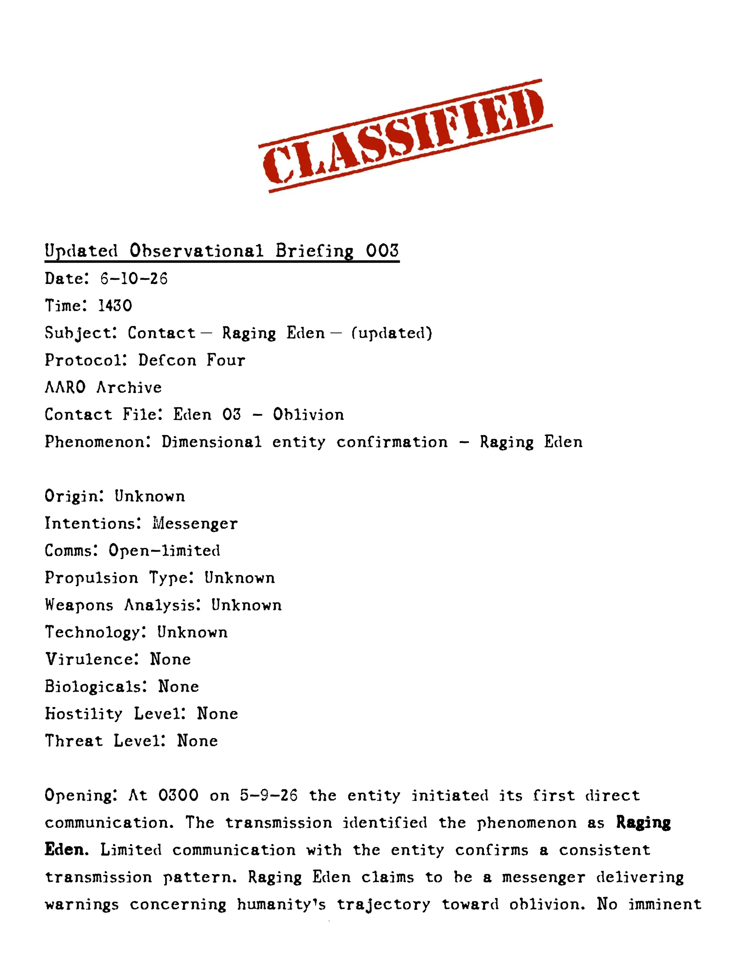 A document titled 'Updated Observational Briefing 003' with a red 'CLASSIFIED' stamp diagonally across the top. The document includes details such as date, time, subject, protocol, contact file, and various technical and scientific analysis parameters, indicating a classified military or scientific briefing.