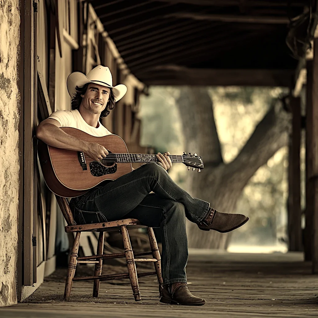 Country music artist Sean Daniels playing guitar and songwriting on a cabin porch