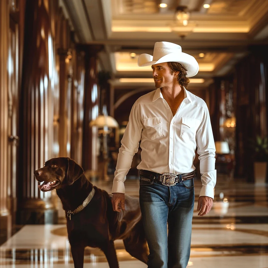 Country music artist Sean Daniels with his dog in a five-star hotel