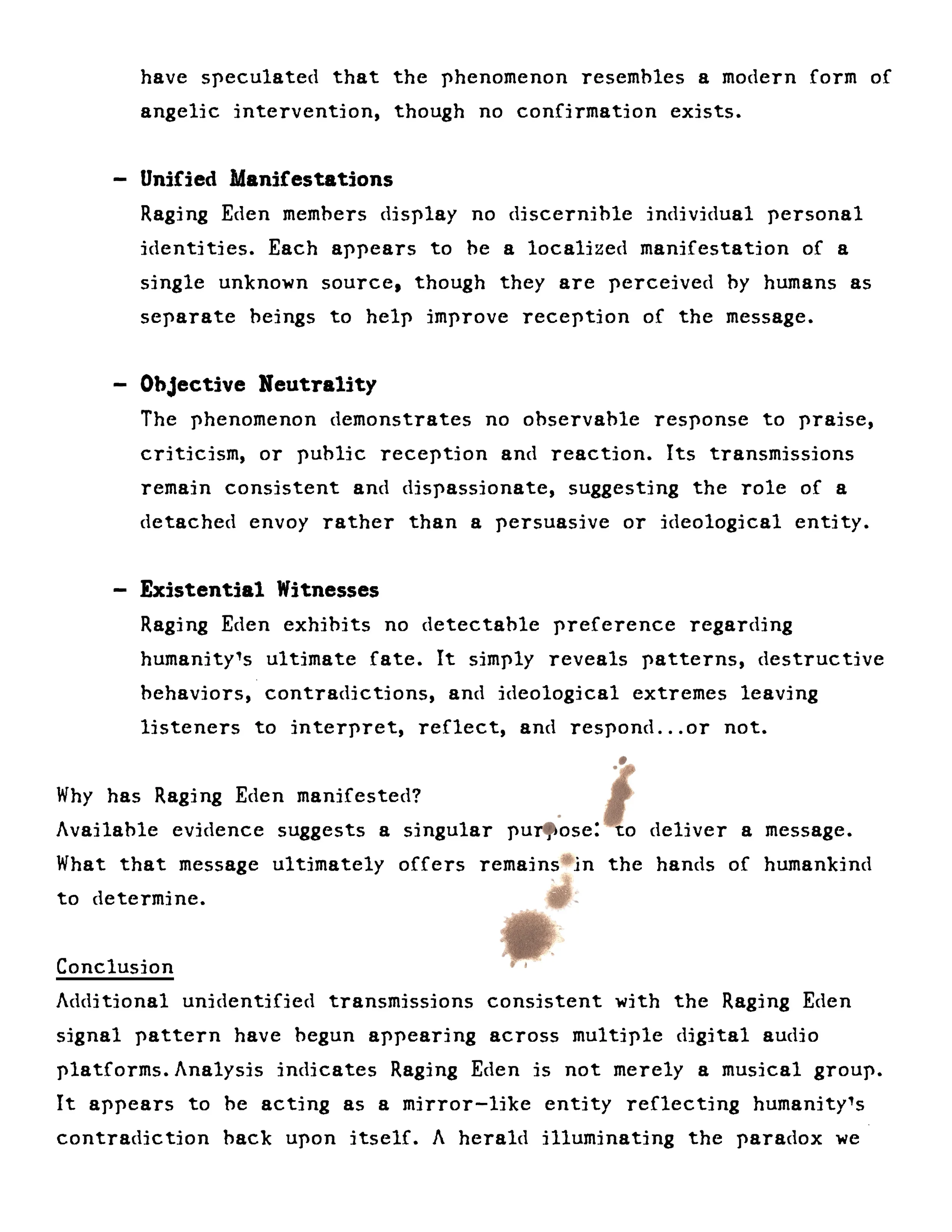 A scanned page of typed text discussing the phenomenon Raging Eden and their message to humans.