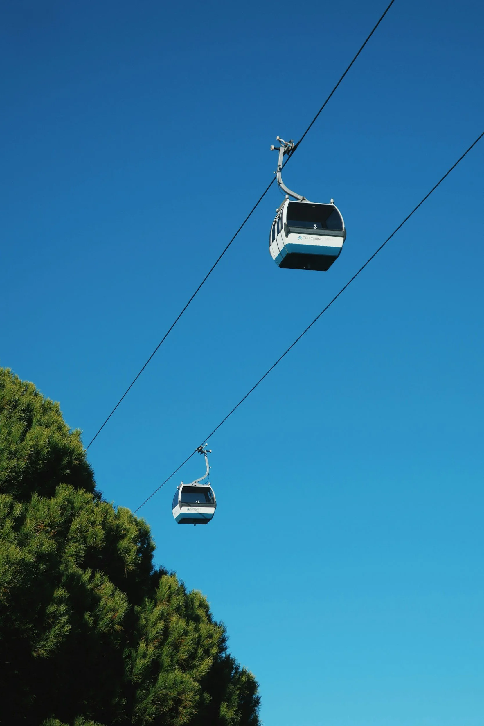 Cable cars suspended in the air against a clear blue sky, with green trees visible at the bottom left corner.