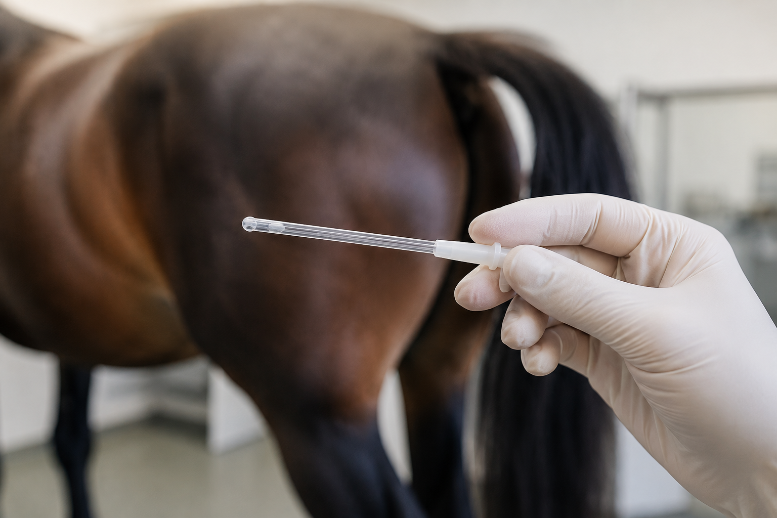 A veterinarian's hand in a latex glove holds a syringe near a brown horse's shoulder in a veterinary clinic.
