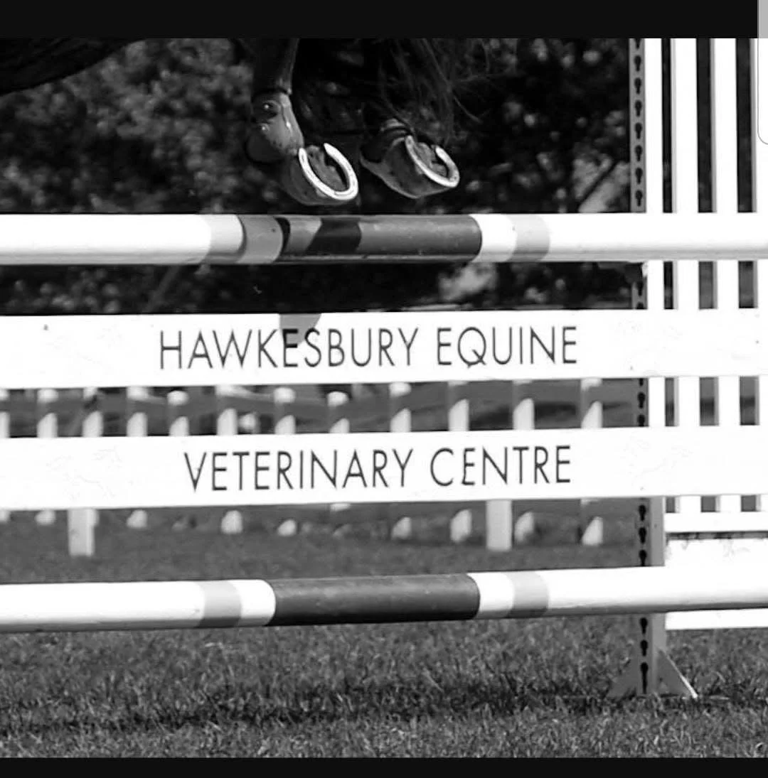A horse jumping over an obstacle with a sign that reads 'Hawkesbury Equine Veterinary Centre' at an outdoor equestrian event.