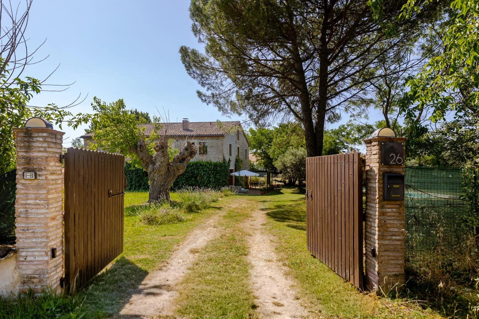 Open patio gate leading to a grassy yard with trees and a house in the background under a clear sky.