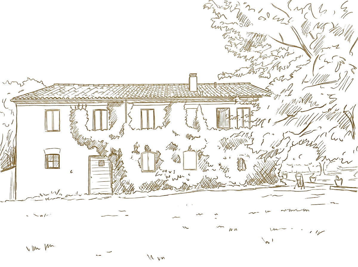 A sketch of a two-story house with a tiled roof, multiple windows, and a large tree on the right side.