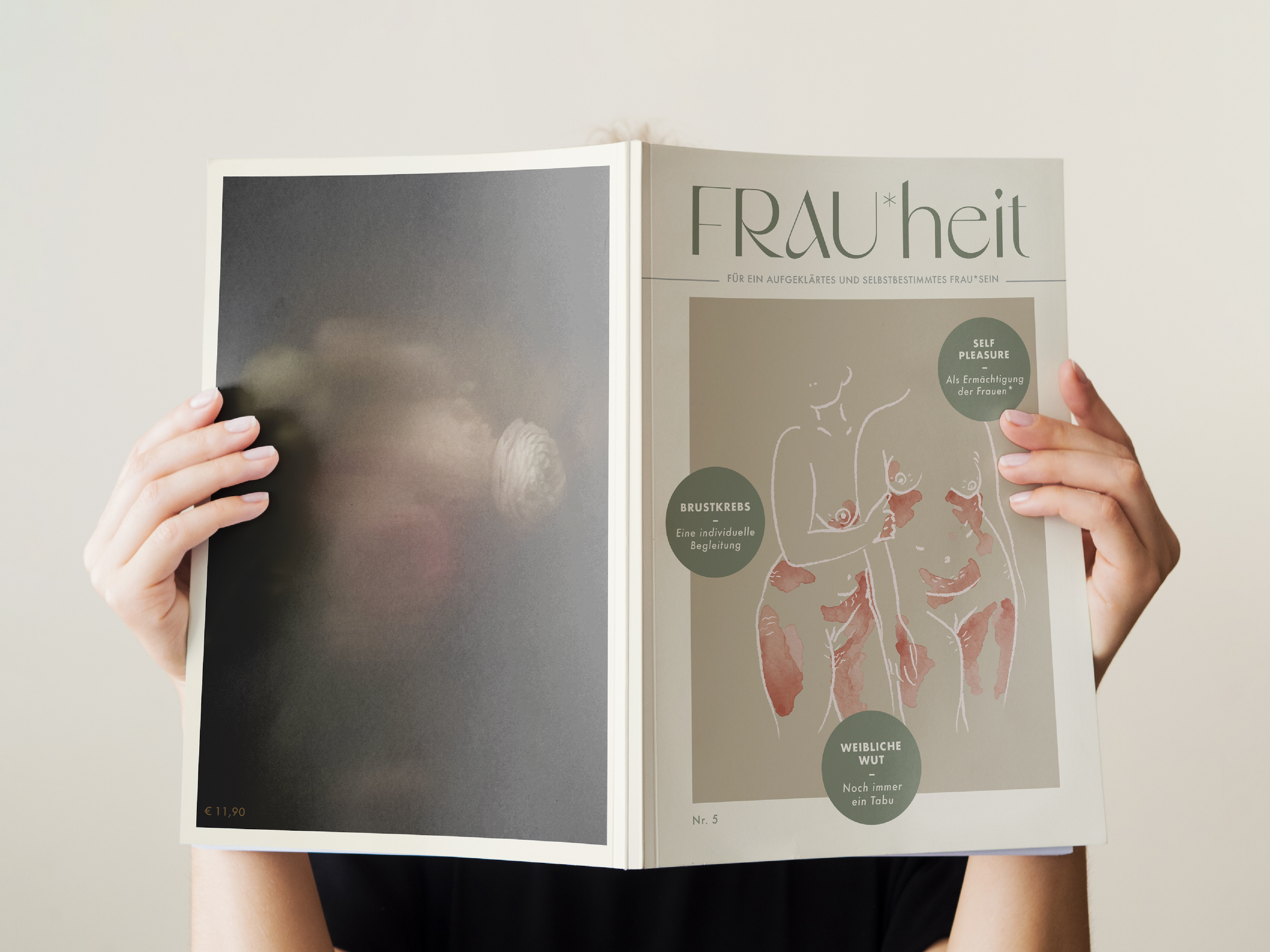 Person holding a magazine with illustrations and German text about women's health issues.