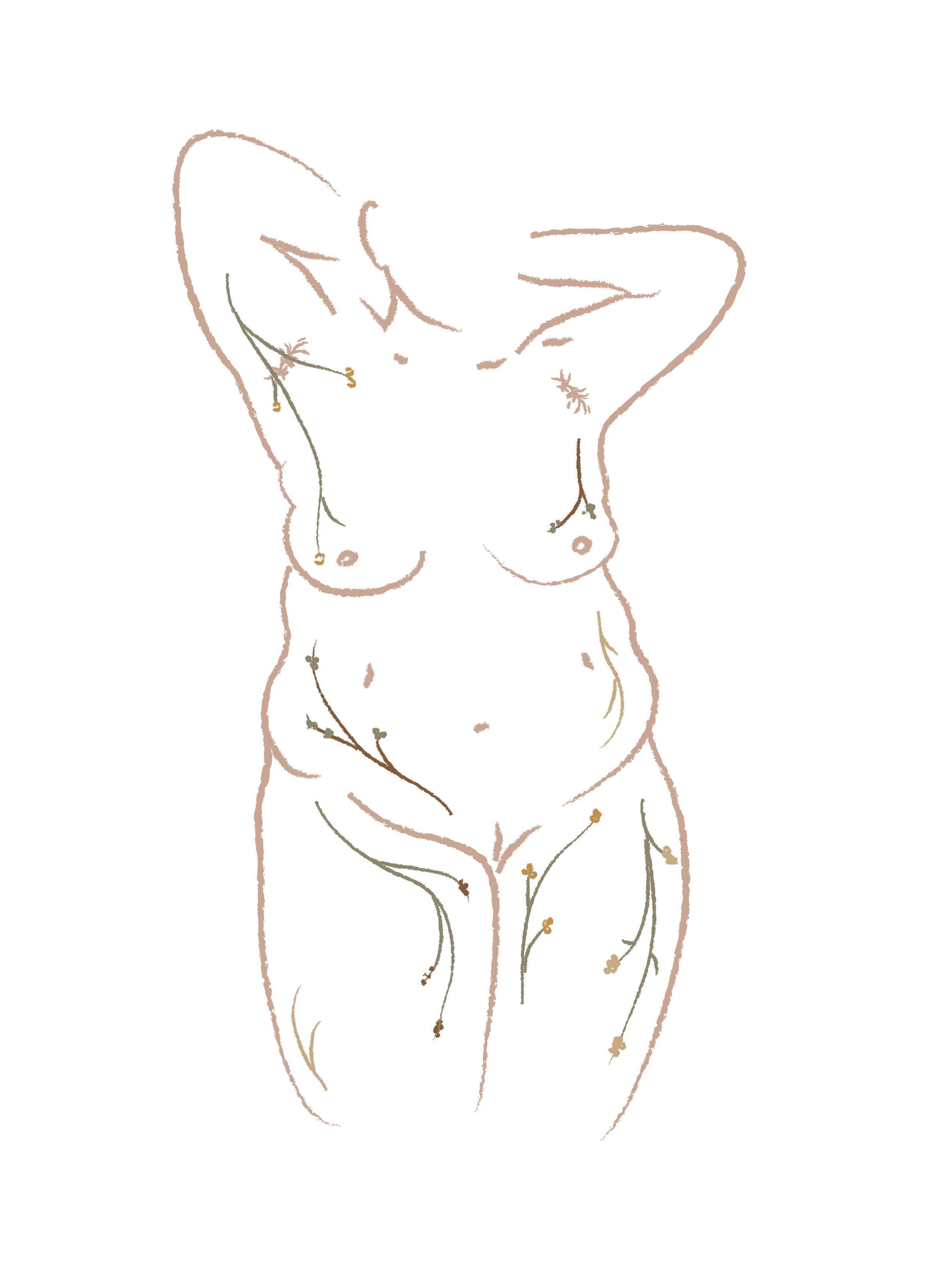 Line drawing of a standing nude woman with her arms raised behind her head, overlaid with floral patterns on her body, set against a black background.
