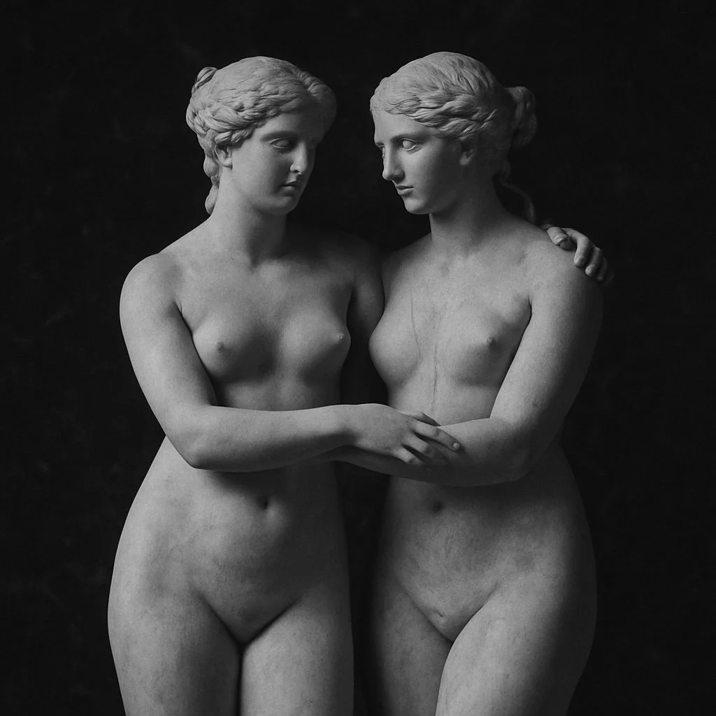 Schwarze und weiße Statue zweier nackt stehender Frauen, die sich umarmen, mit lockigem Haar und detailierter Intarsie, gegen einen dunklen Hintergrund.