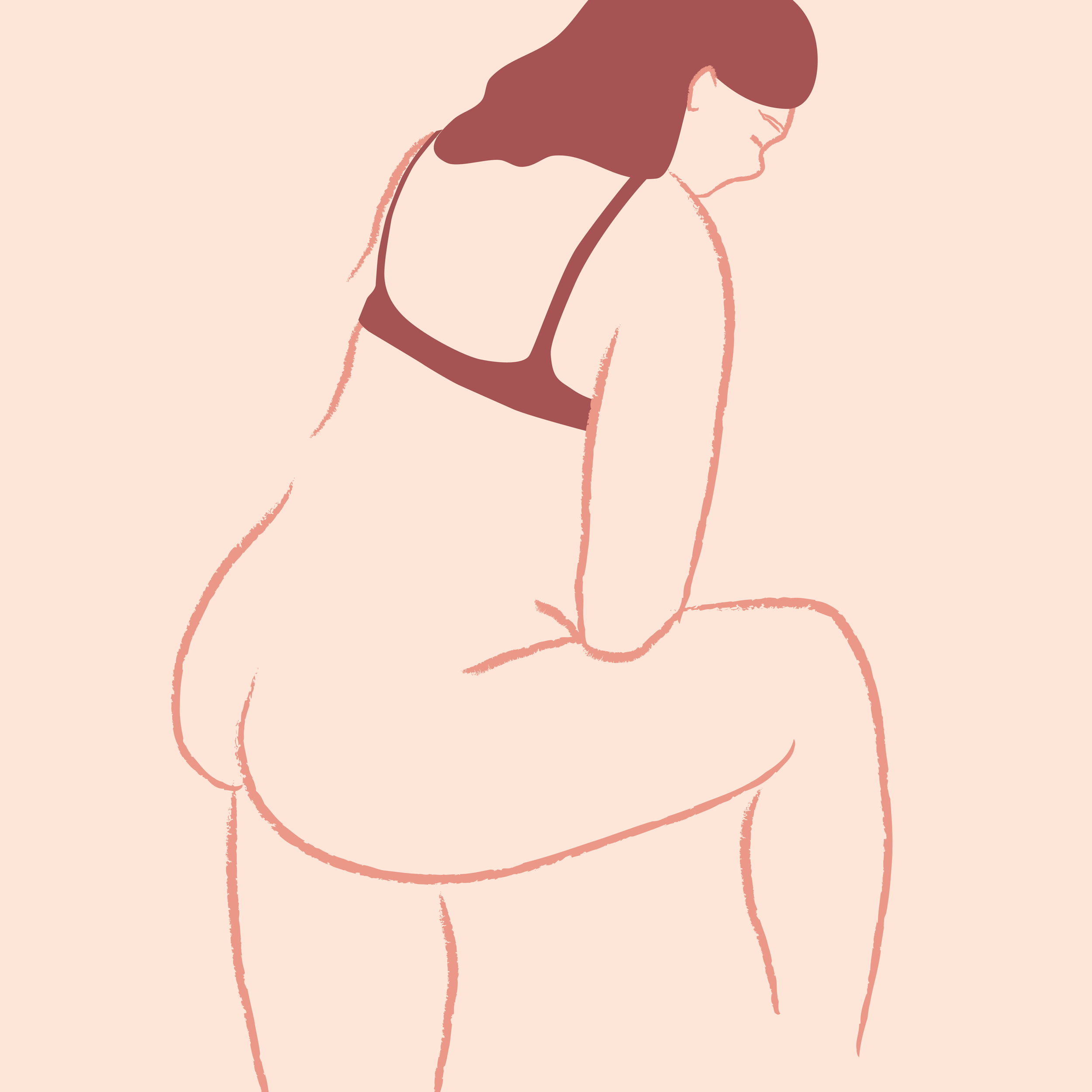 Minimalistische Illustration eines nackten weiblichen Oberkörpers mit langen Haaren, von der Seite betrachtet, auf einem hellen Hintergrund.