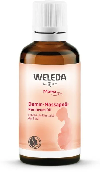 Eine Flasche Weleda Mutter Pflegeöl mit aufgedrucktem Schwangerschaftsprofil und pinkem Etikett