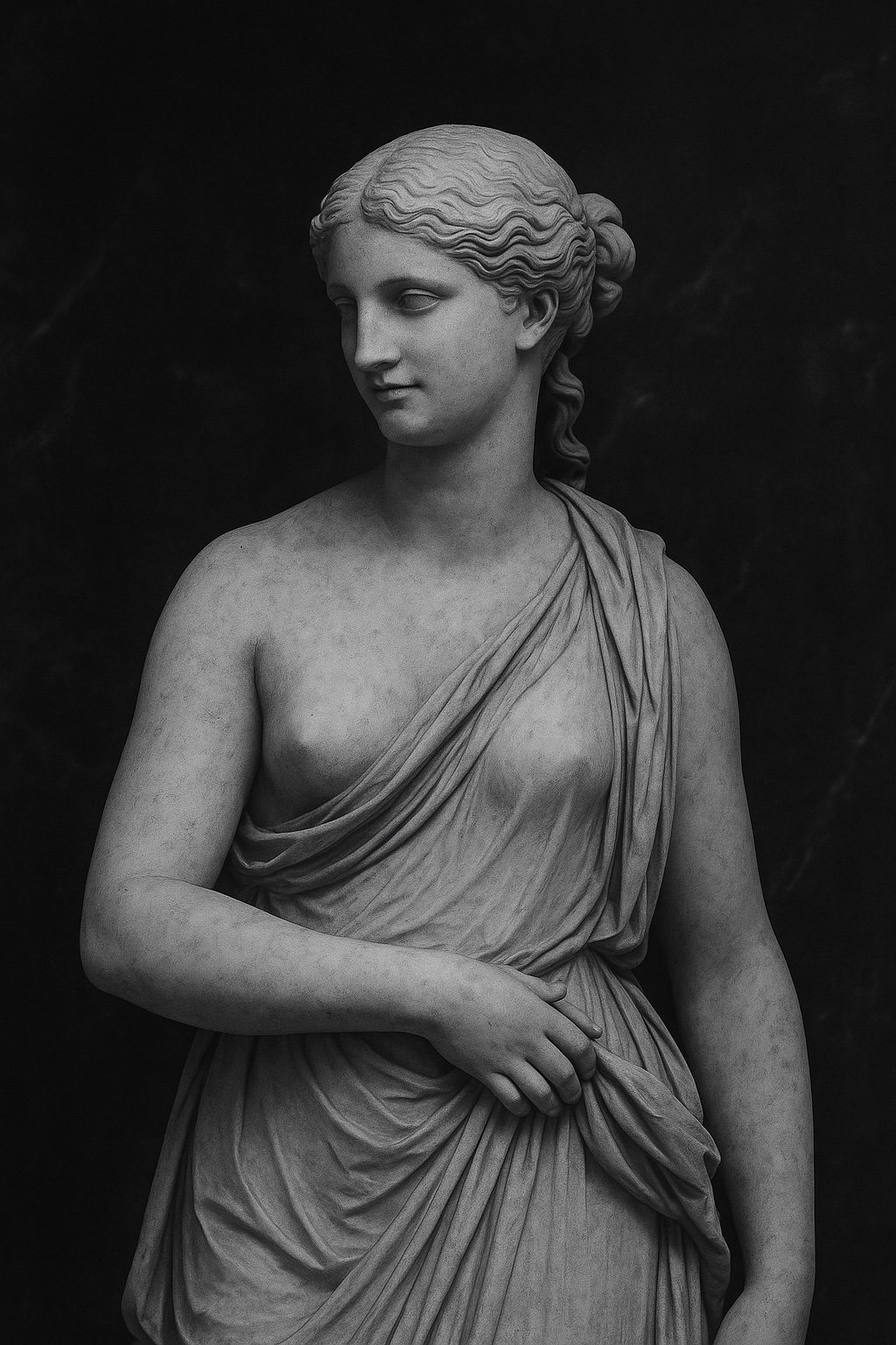 Grayscale-Bild einer antiken Skulptur einer jungen Frau, die ein klassisches Gewand trägt, gegen einen dunklen Hintergrund.