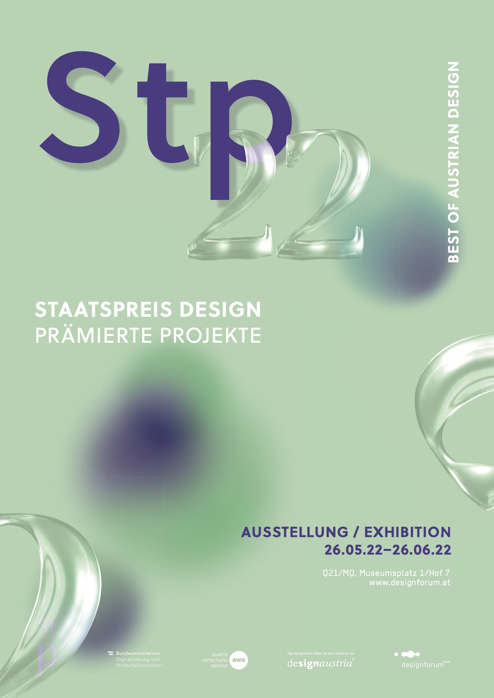 Grafik mit Text und Wasserblasen, Werbung für die Ausstellung 'Stb 22' vom 26. Mai bis 26. Juni 2022 in Wien, inklusive Logos und Details.