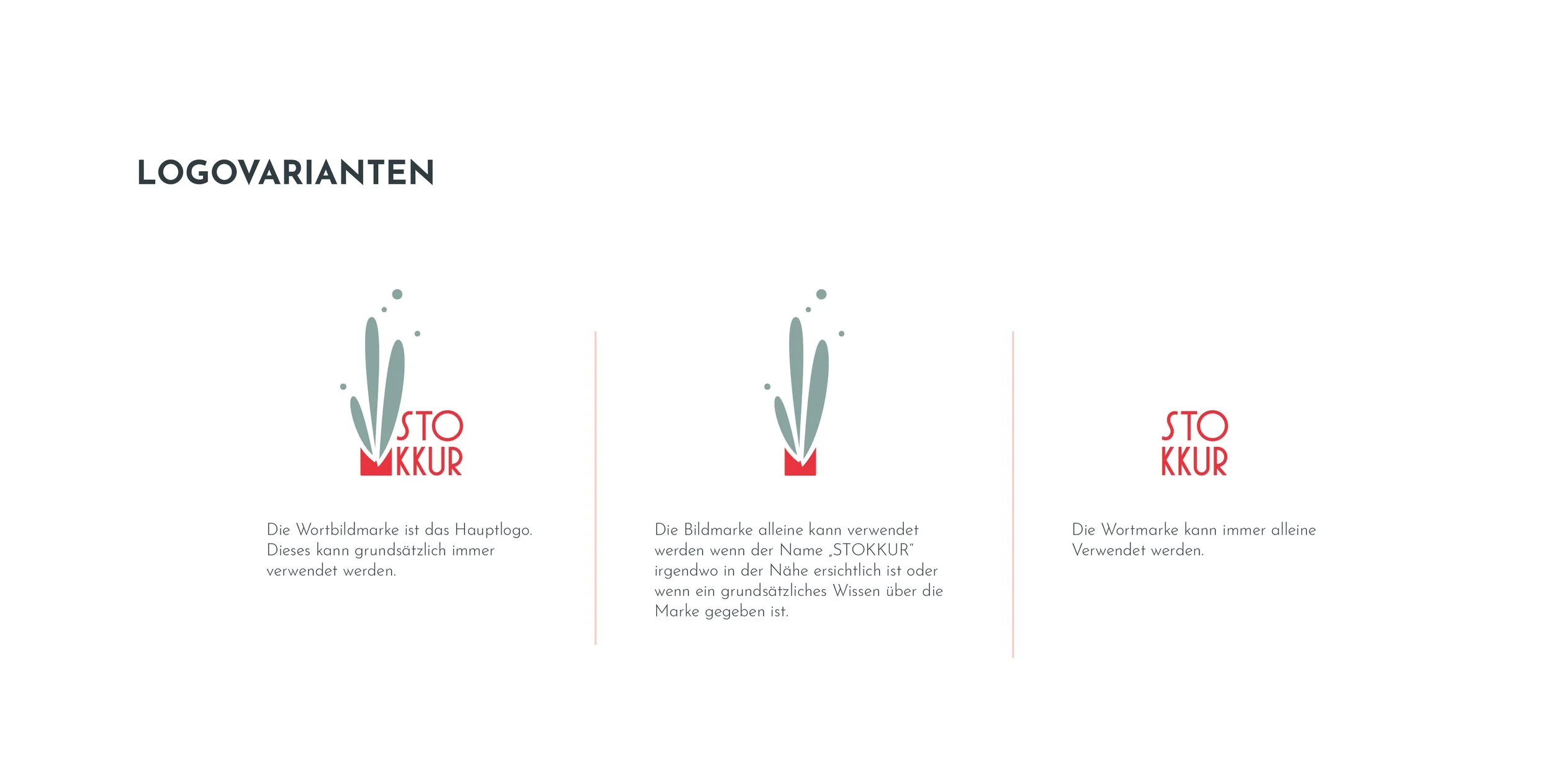 Vergleich von drei Logo-Varianten mit einem stilisierten Pflanzen- oder Blütenmotiv. Links ein voll gestaltetes Logo mit Text, in der Mitte nur das Symbol, rechts nur der Text. Darunter erklärender deutscher Text.