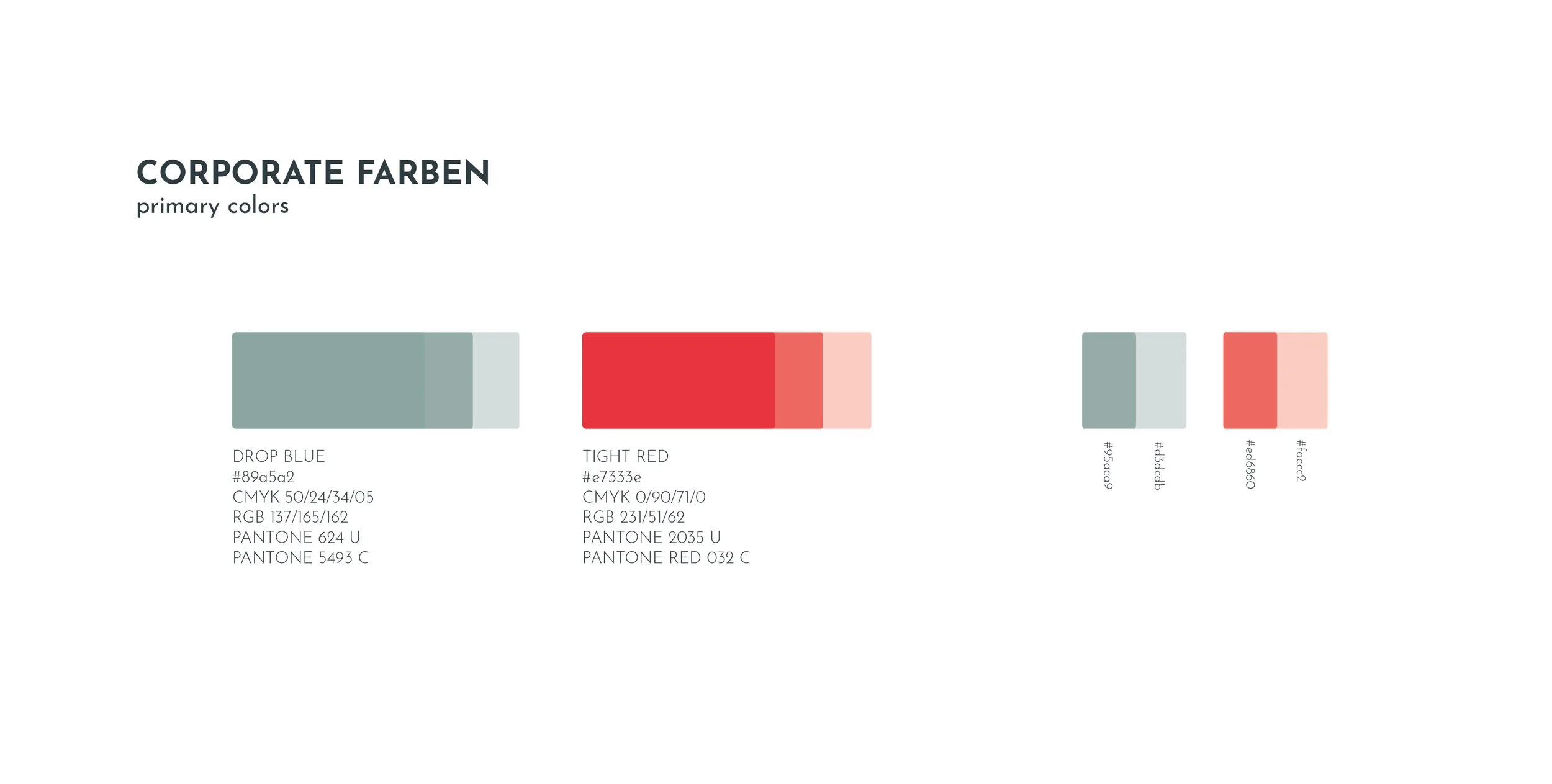 Grafik mit Farbpaletten für Unternehmensfarben, darunter Blau und Rot, mit Farbnummern und Farbwerten in CMYK, RGB und Pantone.