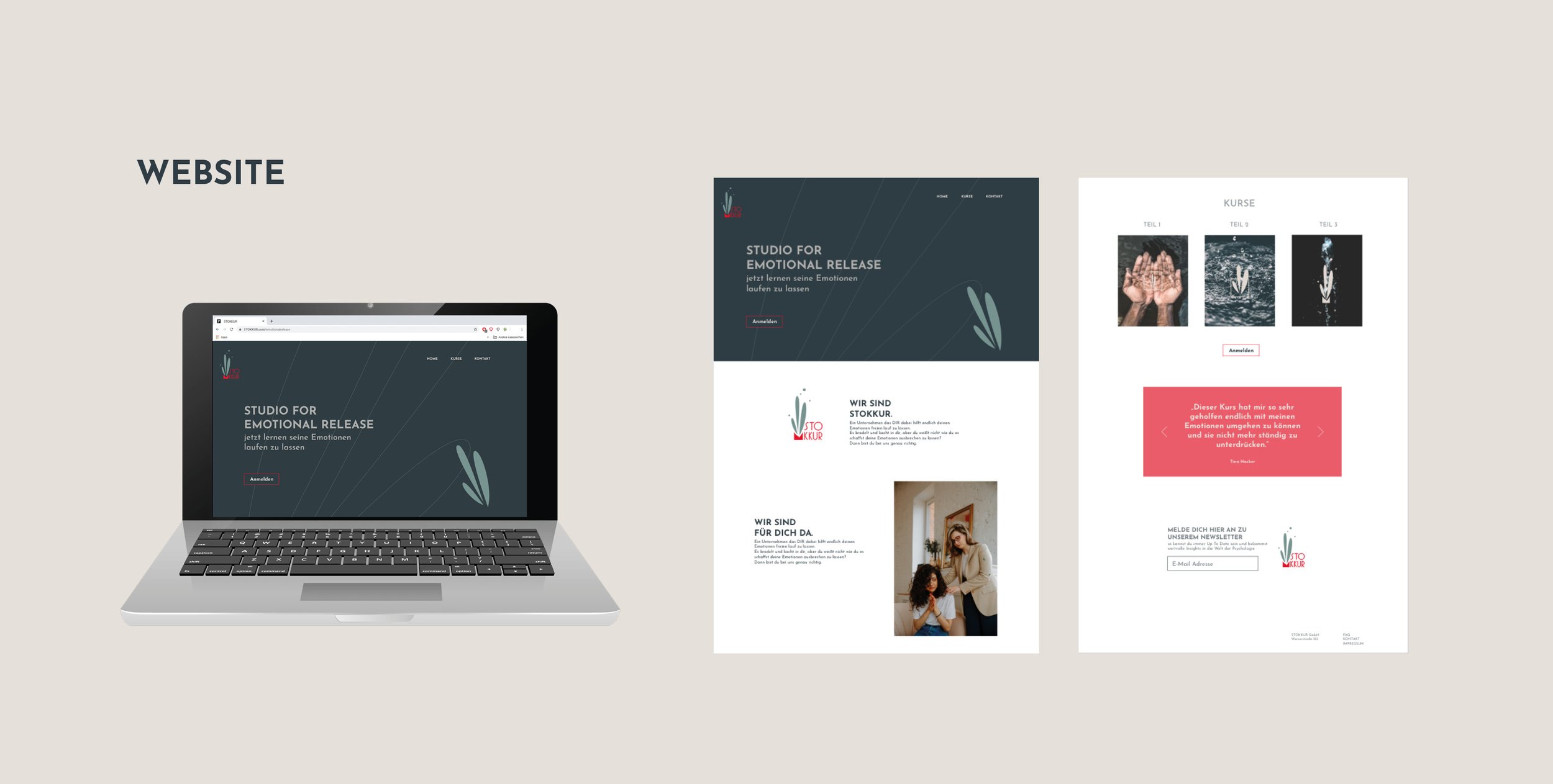 Ansicht eines Website-Designs auf einem Laptop und drei Webseite-Vorlagen auf der rechten Seite.