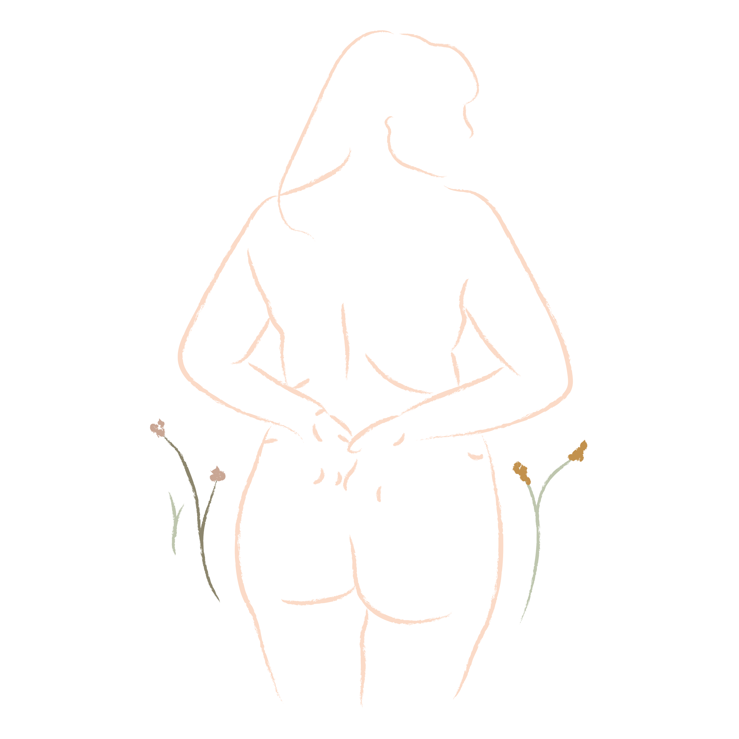 Minimalist line drawing of a nude woman from behind with her hands on her lower back, surrounded by three small flowers on a black background.