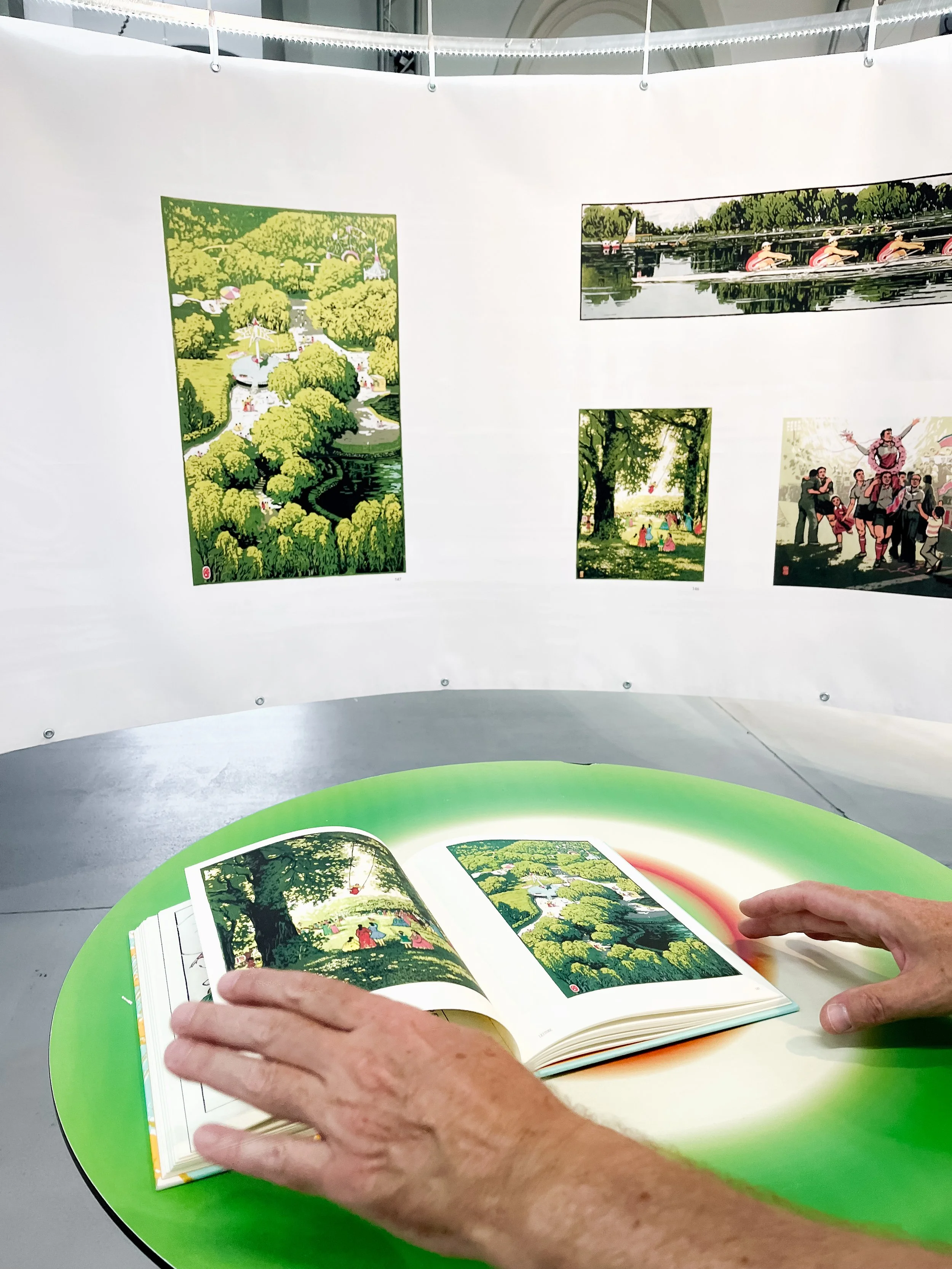 Eine Person blättert in einem offenen Buch mit farbenfrohen, illustrativen Landschaftsbildern. Im Hintergrund hängen größere Bilder an einer weißen Wand, die ebenfalls Natur- und Landschaftsmotive zeigen.