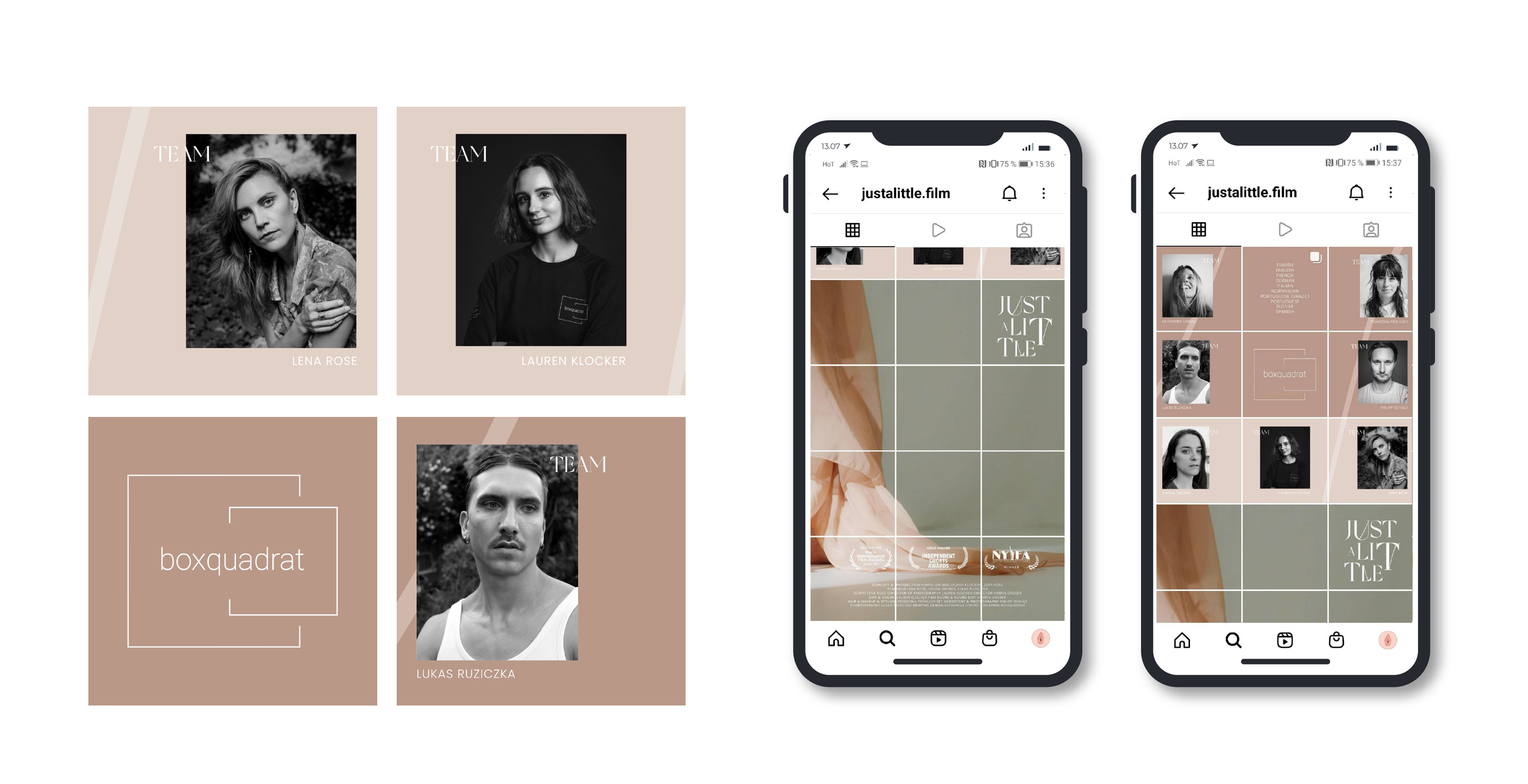 Screenshots eines Instagram-Profils namens 'justalittle.film' mit einem Gitterlayout für Fotos, beige und schwarze Farbtöne, Bilder von Menschen, und Text wie 'JUST A LITTLE' und 'TEAM' in hinzugefügten Design-Posts.