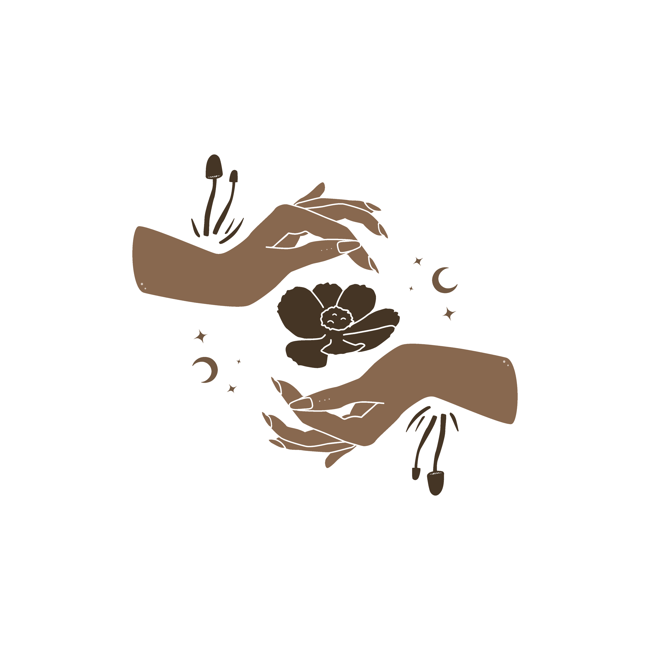 Illustration einer Hand, die eine Pflanze mit Pilzen und Sternen umgibt, bei Nacht mit Mond