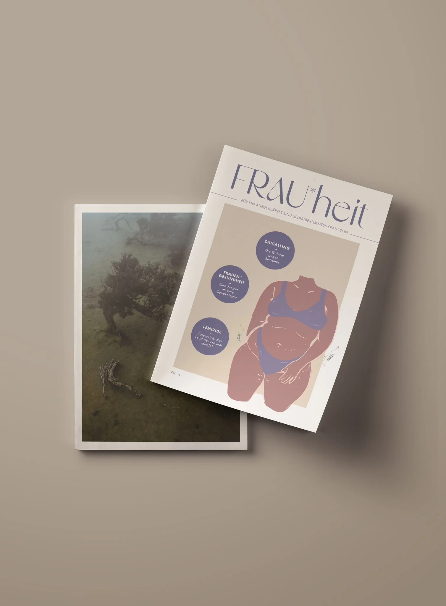 A magazine titled 'FRAU*heit' with a stylized illustration of a woman in underwear, along with German text and numbered sections; and a second photo featuring a landscape scene with a tree and grass.