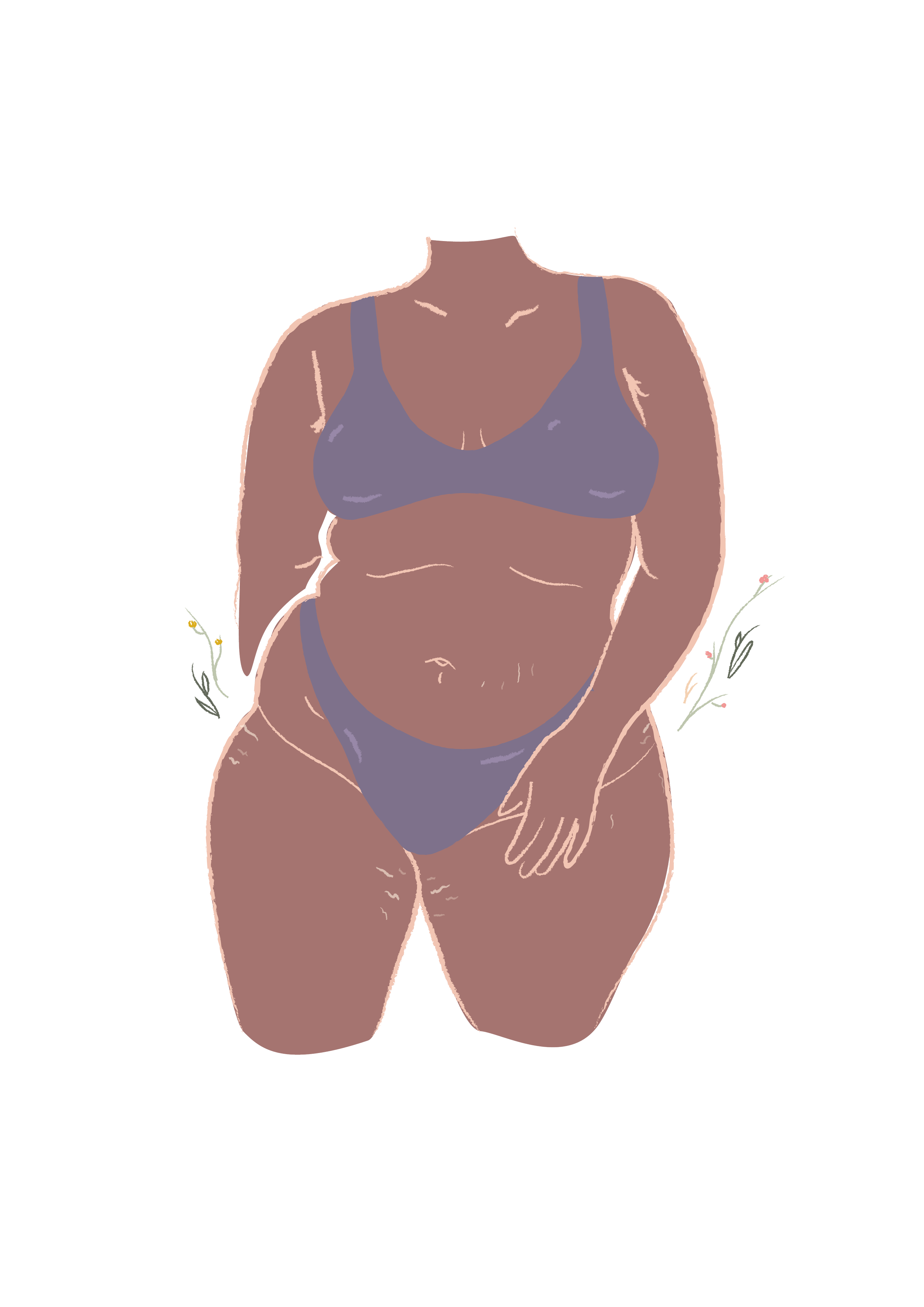A digital illustration of a woman in purple lingerie, standing in front of a minimalistic background with small floral accents.