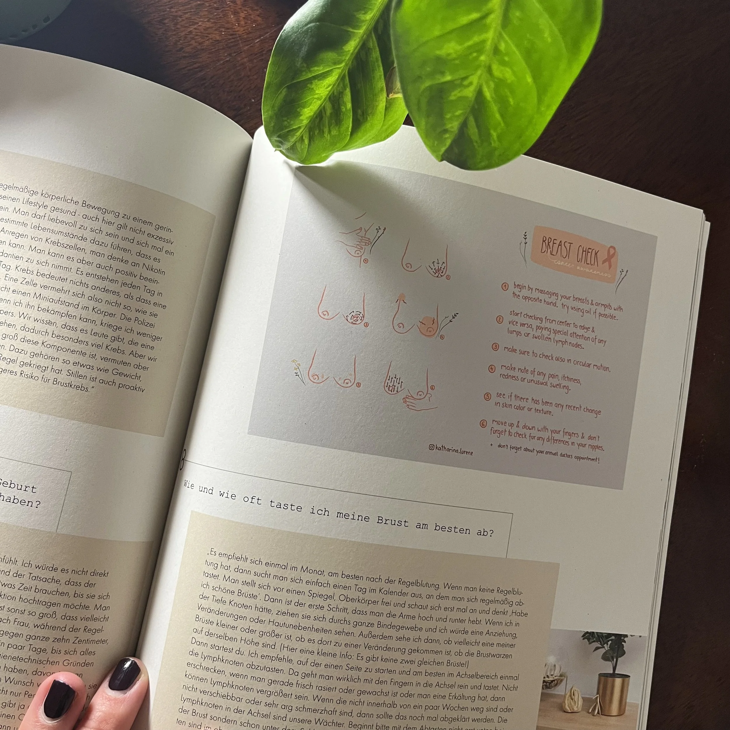 Open magazine or booklet with a diagram of breast check steps on a grey background, accompanied by orange and black instructional text. A green plant is partially visible at the top.