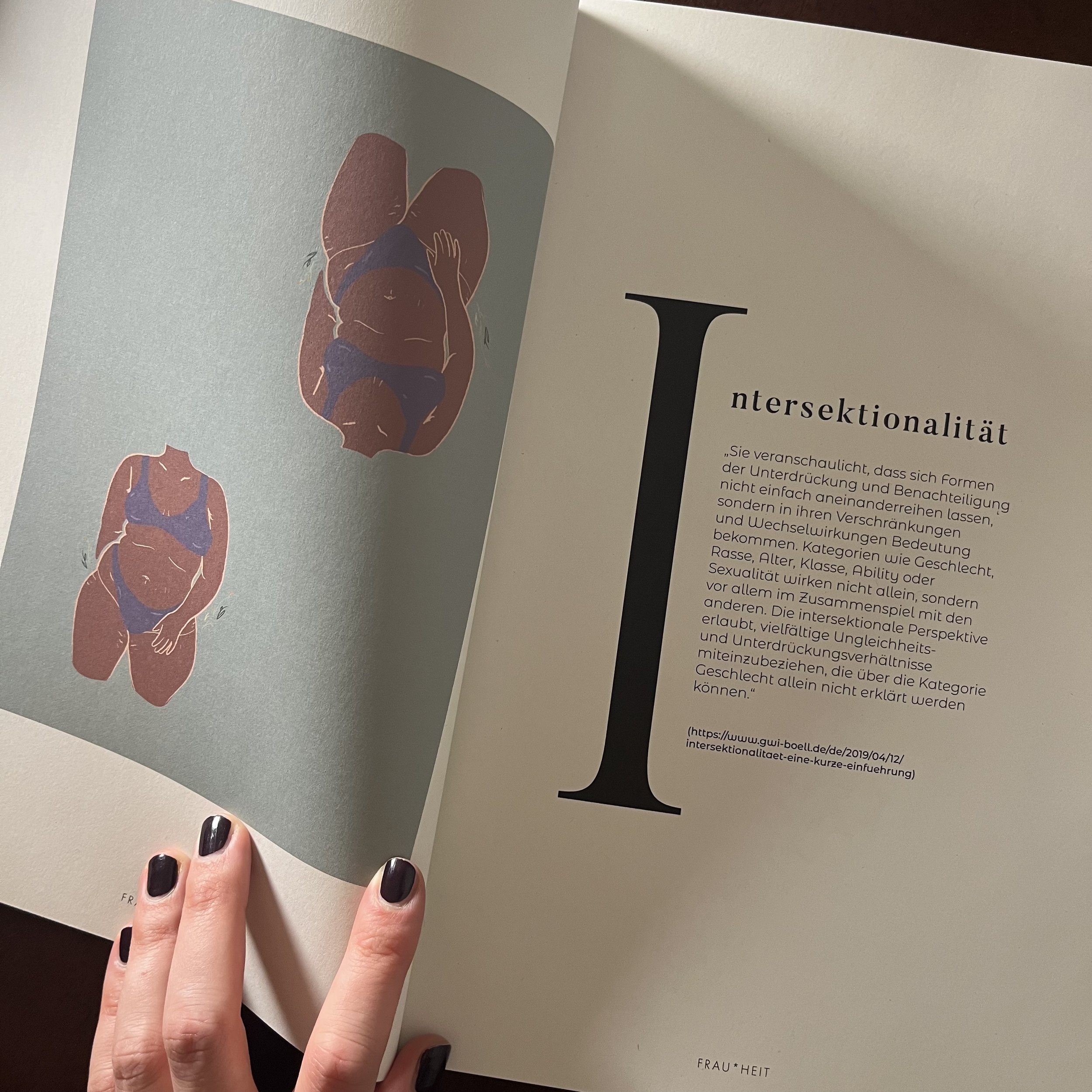 Page from a book showing three illustrations of a person viewed from above, with different body sizes and postures, wearing a blue top.
