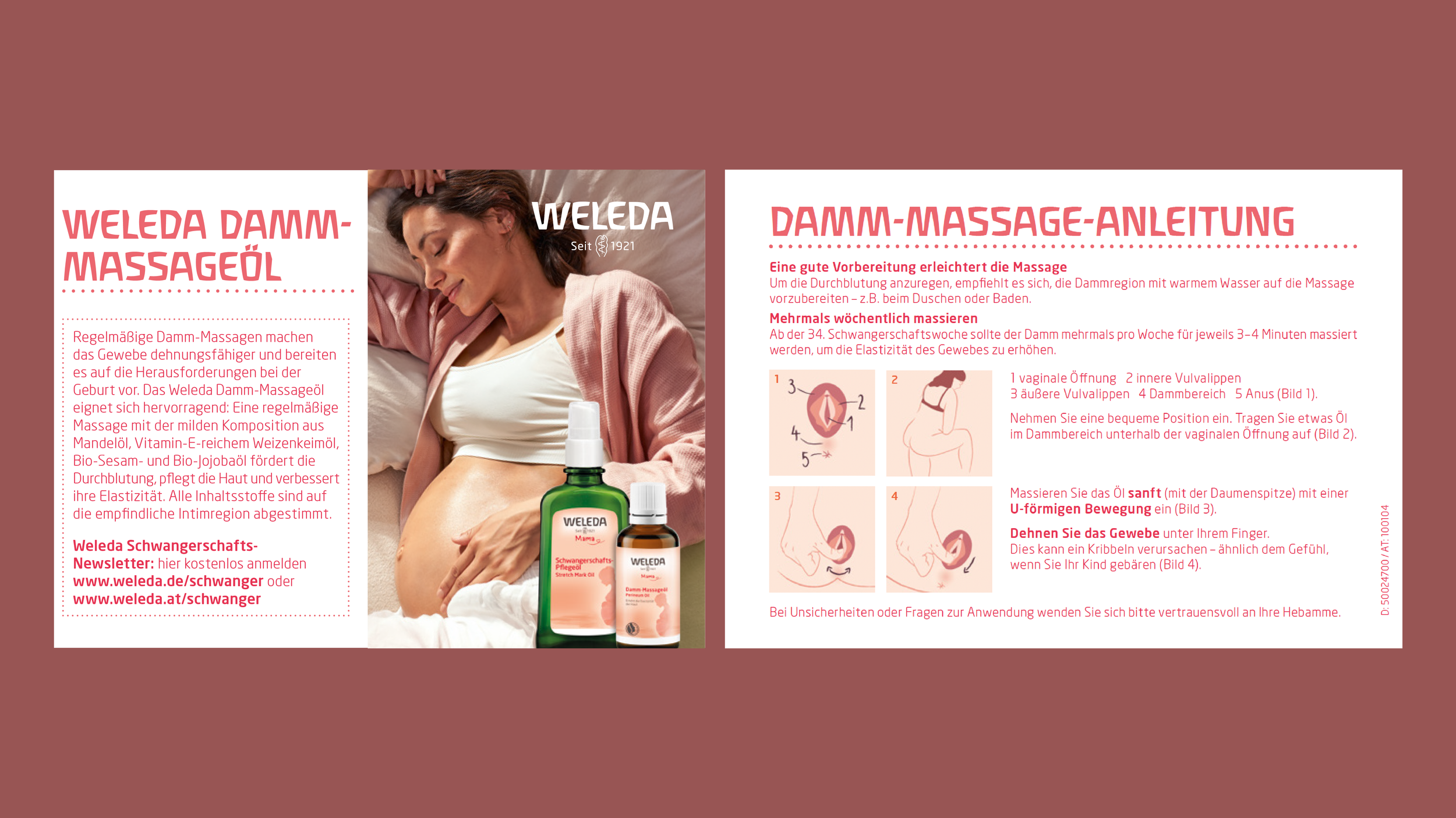 Infoblatt über Weleda Damm-Massageöl und Anleitungen für diese Massage. Es zeigt eine schwangere Frau, die entspannt im Bett liegt, und enthält Illustrationen der Massageprozedur.