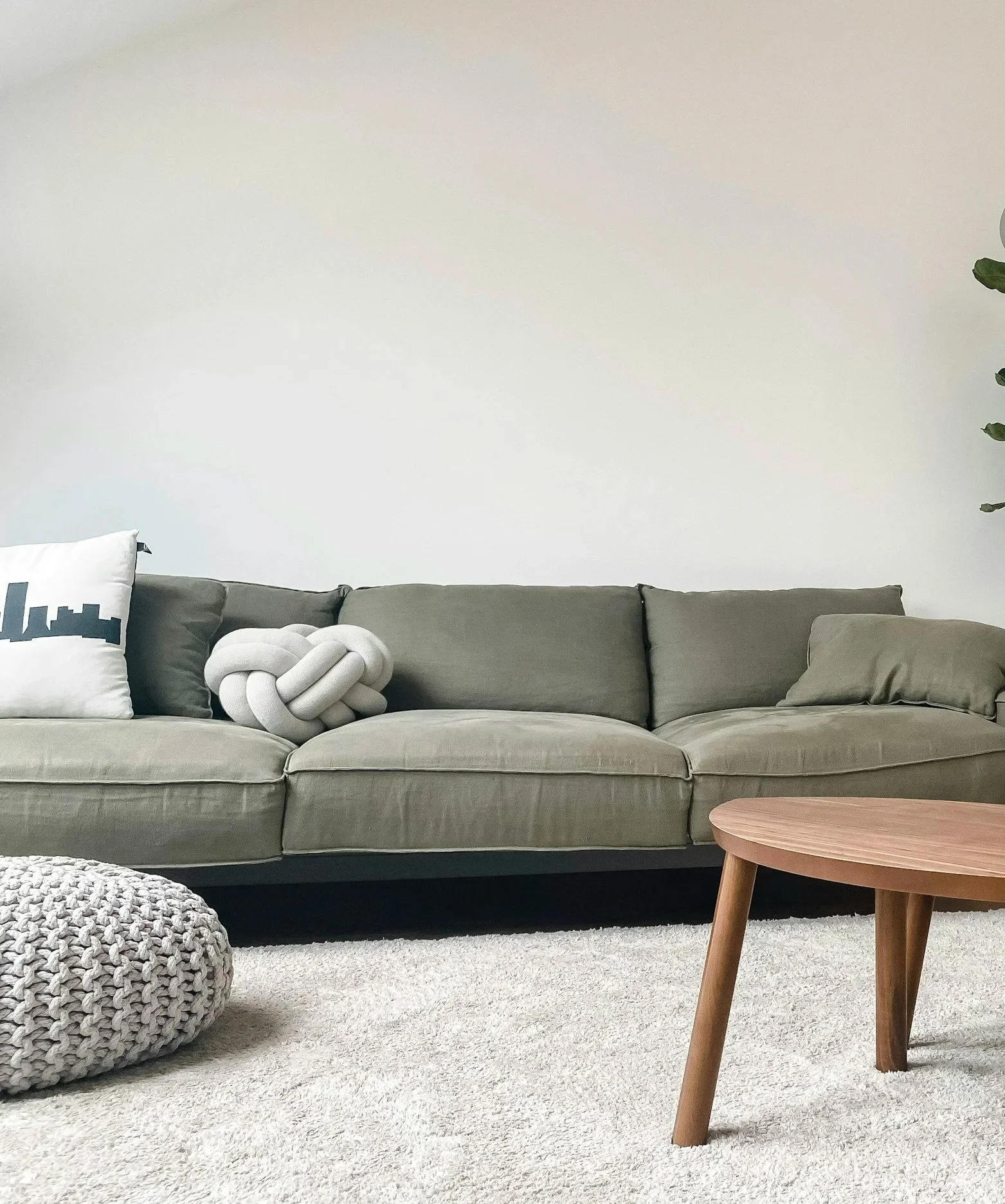 Living room with a beige couch, decorative pillows, a knot-shaped cushion, a wooden coffee table, a white carpet, and a white wall with a plant on the right side.