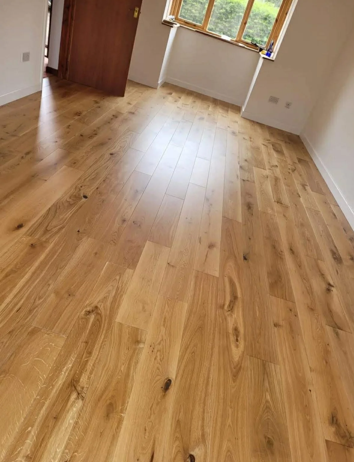 Empty room with light wood flooring, white walls, and a large window showing greenery outside.