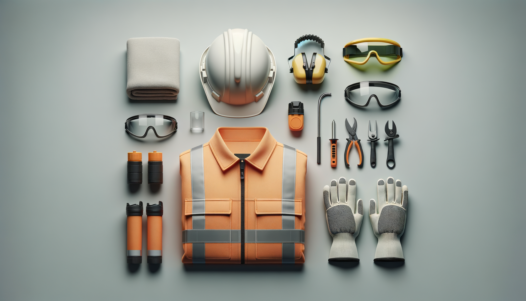 Safety gear and tools including gloves, goggles, a helmet, a vest, tools, and binoculars laid out on a table.
