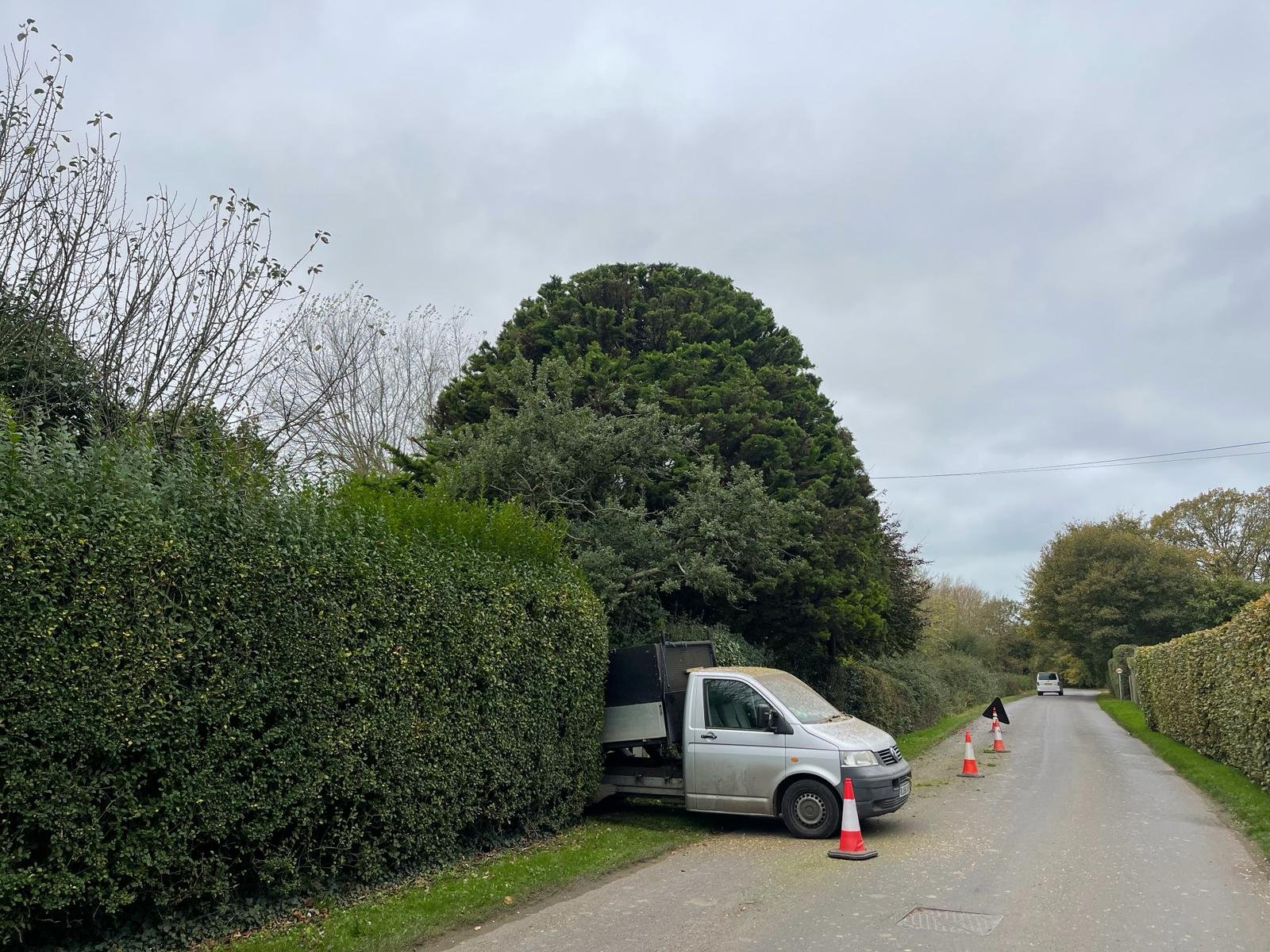 A silver work van parked partially on a gravel road, with orange traffic cones nearby. The van is close to a tall hedge and trees under an overcast sky.