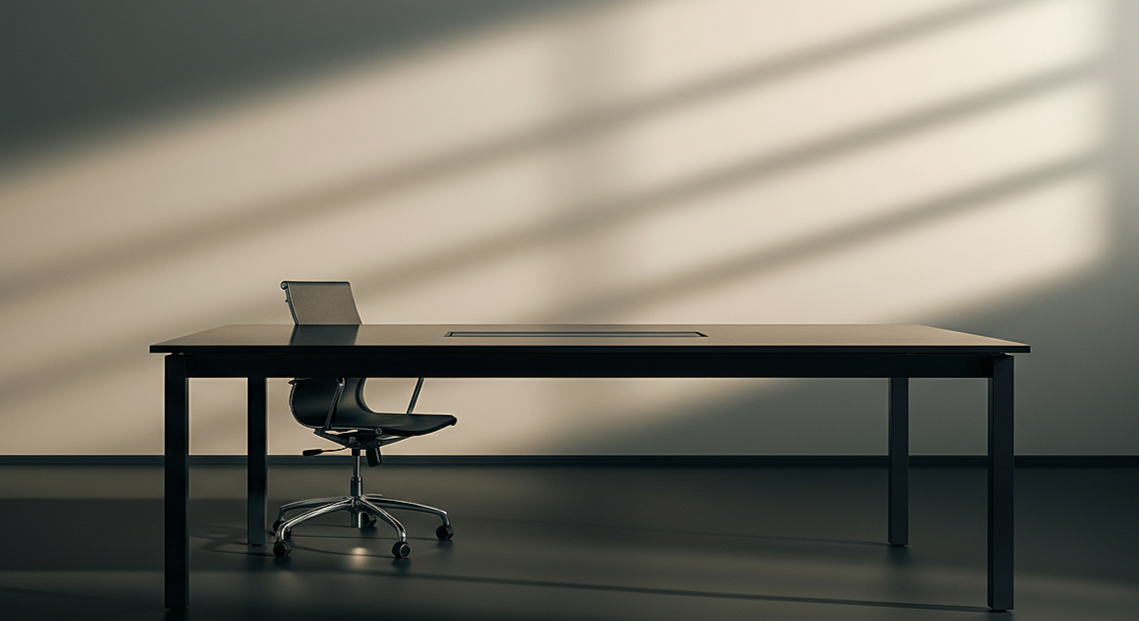 Empty modern office desk with a black swivel chair in front of a plain wall with shadows cast from blinds.