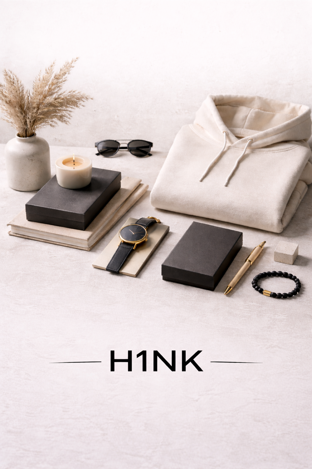 Verschiedene Alltagsgegenstände wie Bücher, Uhren, Brille, Kerze, Hoodie, Stift, Schmuck und eine Vase mit Trockenblumen auf einer hellen Oberfläche.