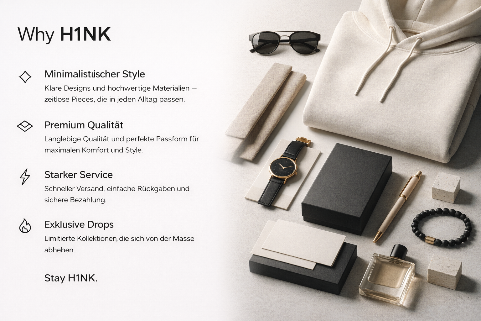Produktpräsentation mit Text auf der linken Seite und Modeaccessoires auf der rechten Seite, darunter Sonnenbrille, Armbanduhr, Schreibset, Schmuck und Parfüm.