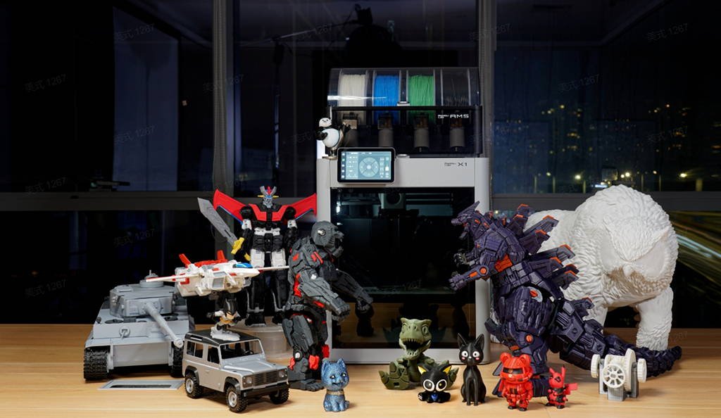 Collection of toy figures including robots, animals, and vehicles displayed on a wooden surface with a window in the background.