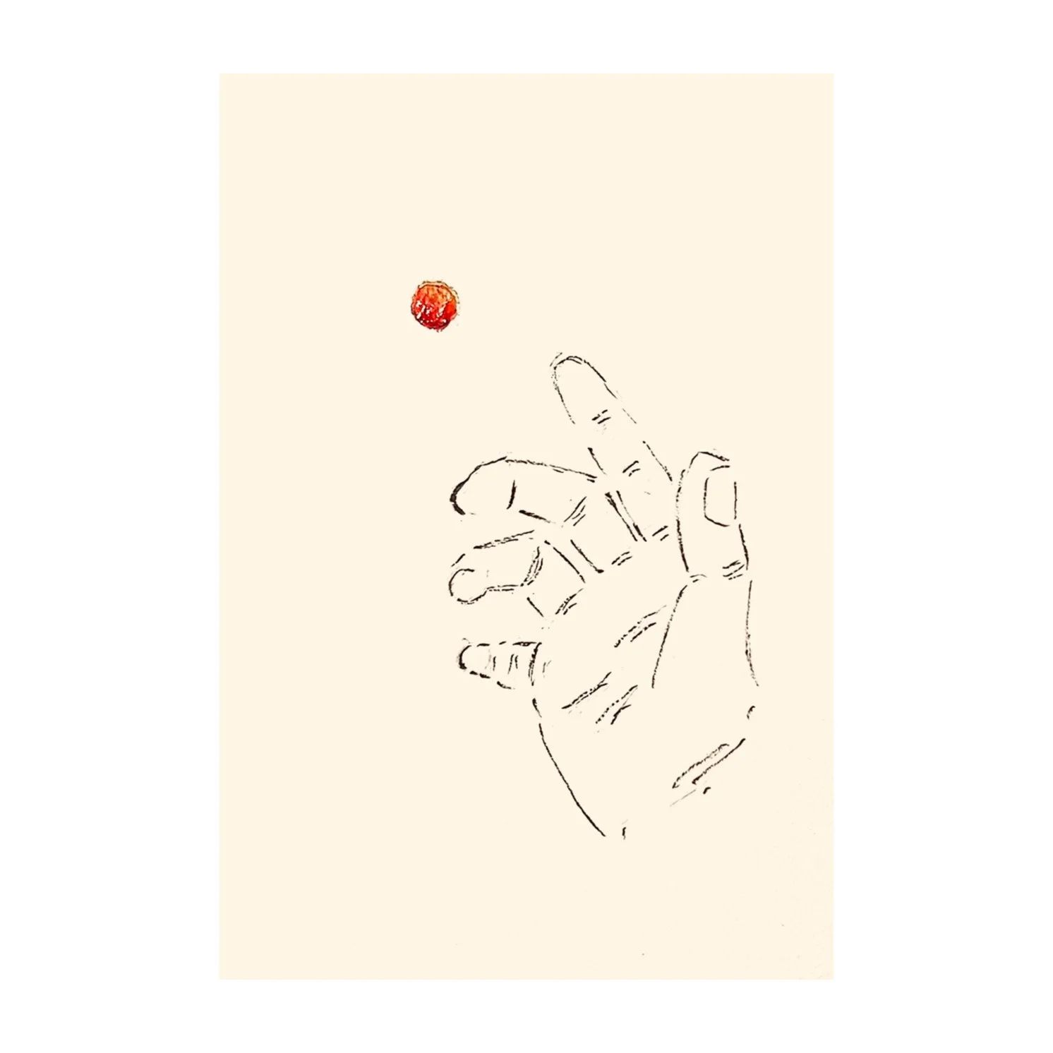 Dessin illustrant une main esquissée qui lance ou attrape une petite boule rouge.
