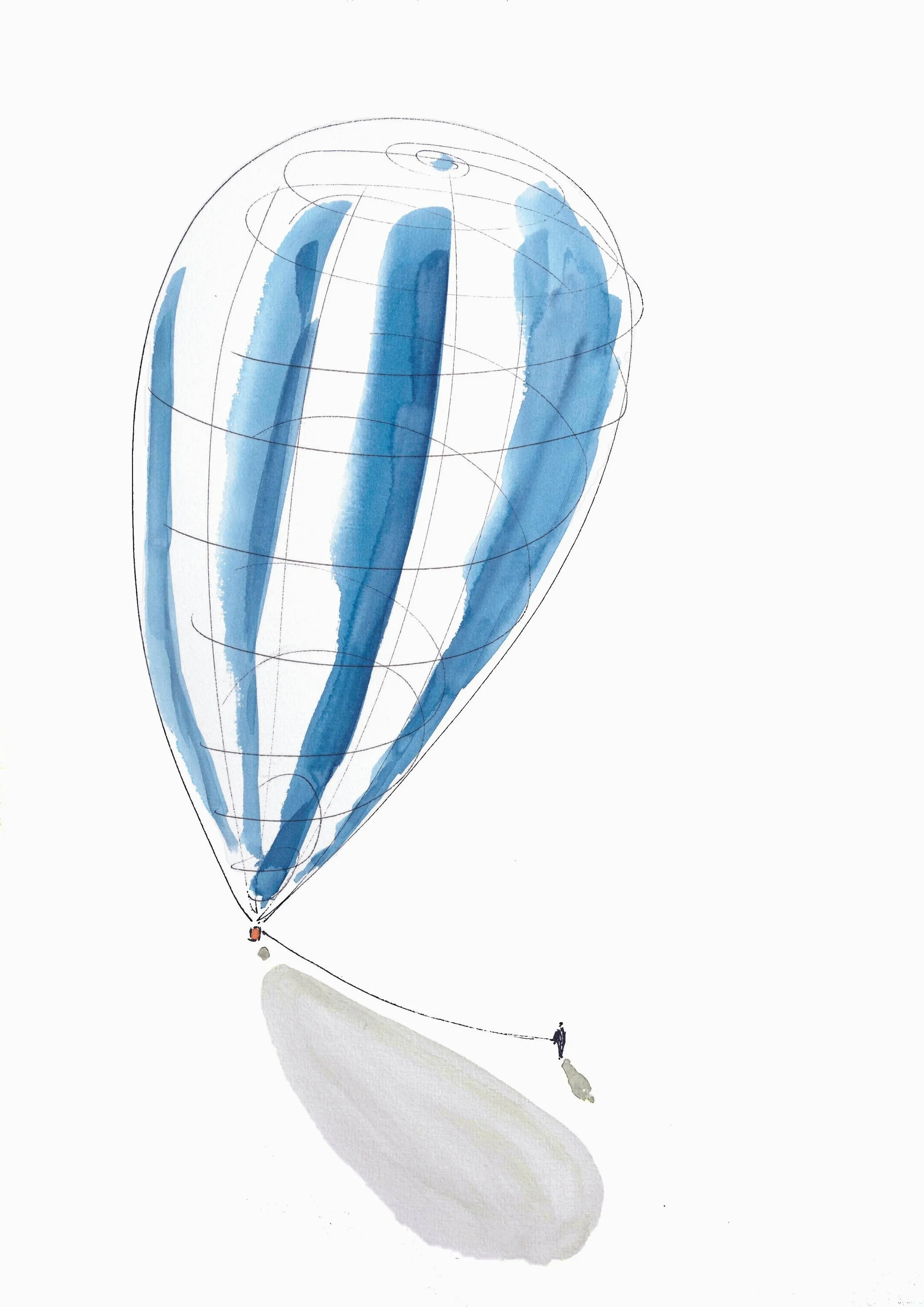 Montgolfière colorée en bleu flottant dans le ciel, avec une personne en bas.