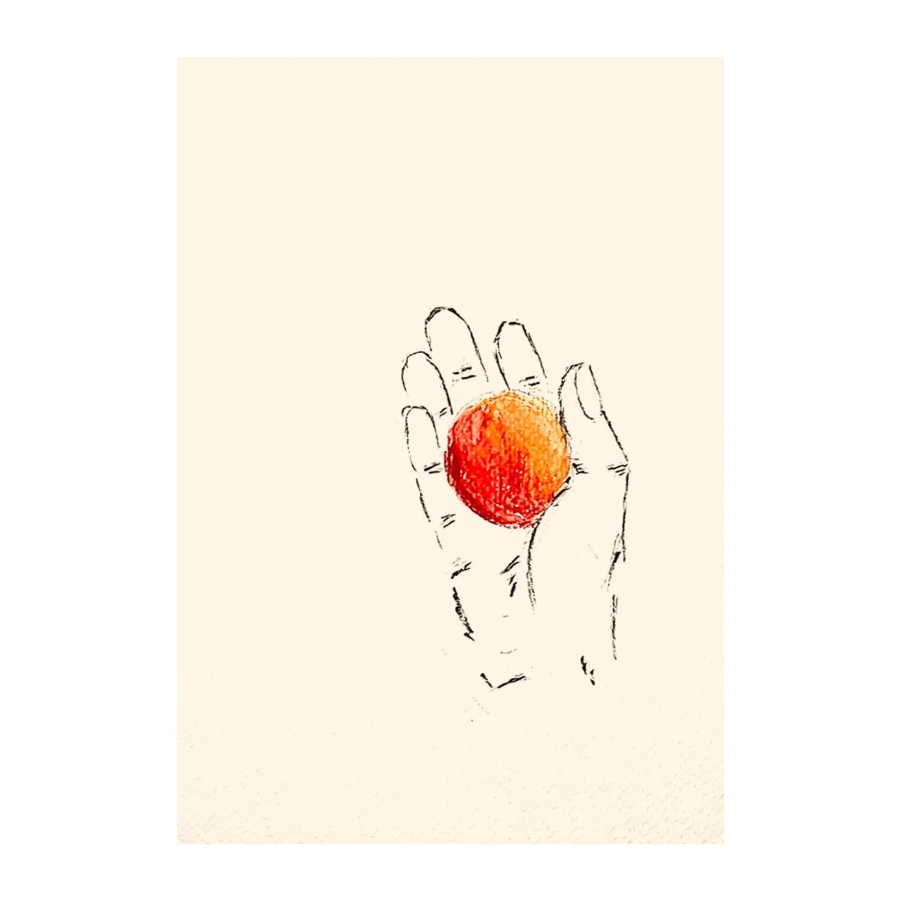 Main tenant une orange dans une main dessinée en style esquisse avec fond beige clair.