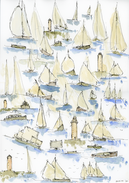 Aquarelle représentant plusieurs voiliers et phares dans une scène maritime.