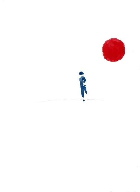 Dessins minimalistes d'une personne et d'un soleil rouge sur fond blanc.